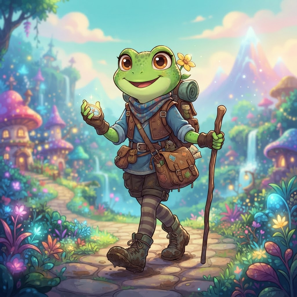original anthro frog girl character in a colorful cartoon fantasy world, adventurer outfit, disney-style TV animation