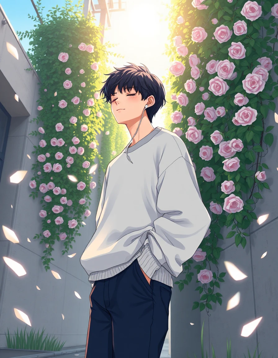 ## Style
- Medium: Digital 2D illustration, anime aesthetic
- Technique: Flat shading with cel-shaded outlines, soft airbrushed gradients for skin and fabric
- Rendering Approach: Layered rendering with distinct separation between character and background, clean vector-like lines
- Color Treatment: High-key palette, pastel saturation, luminous whites and sky blues, warm golden highlights
- Value & Contrast: Low contrast, soft tonal transitions, broad value ranges without deep blacks
- Detail Density: Moderate density, simplified anatomy, stylized foliage, minimal textural noise
- Era / Movement: Contemporary anime/manga style, influenced by 2010s Japanese youth media
## Subject
- Identity / Type: Young male figure, stylized anime protagonist
- Pose & Gesture: Leaning back against a wall, head tilted down, eyes closed, hands in pockets, relaxed posture
- Distinctive Features: Dark hair with blue-tinted highlights, earphones with visible wire, closed eyelids
- Clothing or Equipment: Oversized light grey sweatshirt, dark navy trousers, wired earphones
- Scale & Proportion: Standard anime proportions, slightly elongated limbs, oversized clothing silhouette
## Environment
- Location Type: Urban outdoor setting, alleyway or garden wall
- Time of Day: Late afternoon, golden hour
- Weather & Atmosphere: Clear sky, bright sunlight, gentle breeze implied by falling petals
- Foreground Elements: Falling white rose petals, sun flares, soft bokeh orbs
- Background Elements: Dense climbing roses, green ivy, stone or concrete wall
- Architectural or Natural Features: Vertical wall covered in flowering vines, natural light filtering through leaves
## Mood
- Primary Emotional Tone: Serene, contemplative, peaceful
- Energy Level: Low, tranquil, stillness
- Tension or Calm: Absence of tension, meditative calm
- Genre Association: Slice-of-life, romantic drama, youth culture, aesthetic realism
## Lighting
- Light Source(s): Natural sunlight from upper left, ambient sky light
- Direction: Top-left to bottom-right, strong directional illumination
- Quality (Hard / Soft): Soft-edged highlights, diffused ambient fill, hard-edged sun flares
- Color Temperature: Warm golden tones on skin and flowers, cool blue sky background
- Key-to-Fill Ratio / Contrast: High key lighting, minimal shadows, broad dynamic range
- Shadow Character: Soft, diffuse shadows under clothing folds and hair
- Atmospheric Light Effects: Lens flare, sunburst effect, volumetric light through foliage, glowing petal highlights
## Composition
- Framing & Crop: Vertical portrait orientation, full-body shot with headroom
- Camera Angle: Low-angle shot looking up at subject, Dutch angle tilt
- Subject Placement: Centered horizontally, slightly off-center vertically, leaning into frame
- Compositional Rules in Use: Rule of thirds (subject aligned with left third), diagonal lines from wall and vines
- Depth Layers: Foreground petals, midground subject, background wall and sky
- Negative Space: Sky area in upper left, open space around subject’s silhouette
## Texture
- Primary Materials: Soft cotton fabric, smooth skin, waxy rose petals, rough stone wall
- Surface Quality: Smooth, clean surfaces with minimal noise, soft gradients
- Reflectivity & BRDF Character: Subsurface scattering on skin, matte fabric, glossy petals
- Wear, Patina, & Imperfections: Clean, idealized surfaces, no visible wear or damage
## Camera
- Shot Type: Medium-long shot, full-body composition
- Implied Focal Length: 50mm-equivalent, natural perspective
- Depth of Field & Aperture Feel: Shallow depth of field, soft focus on background elements
- Bokeh Character: Circular bokeh orbs, soft-edged out-of-focus petals
- Lens Artifacts: Sun flare, chromatic aberration hints, soft vignetting
