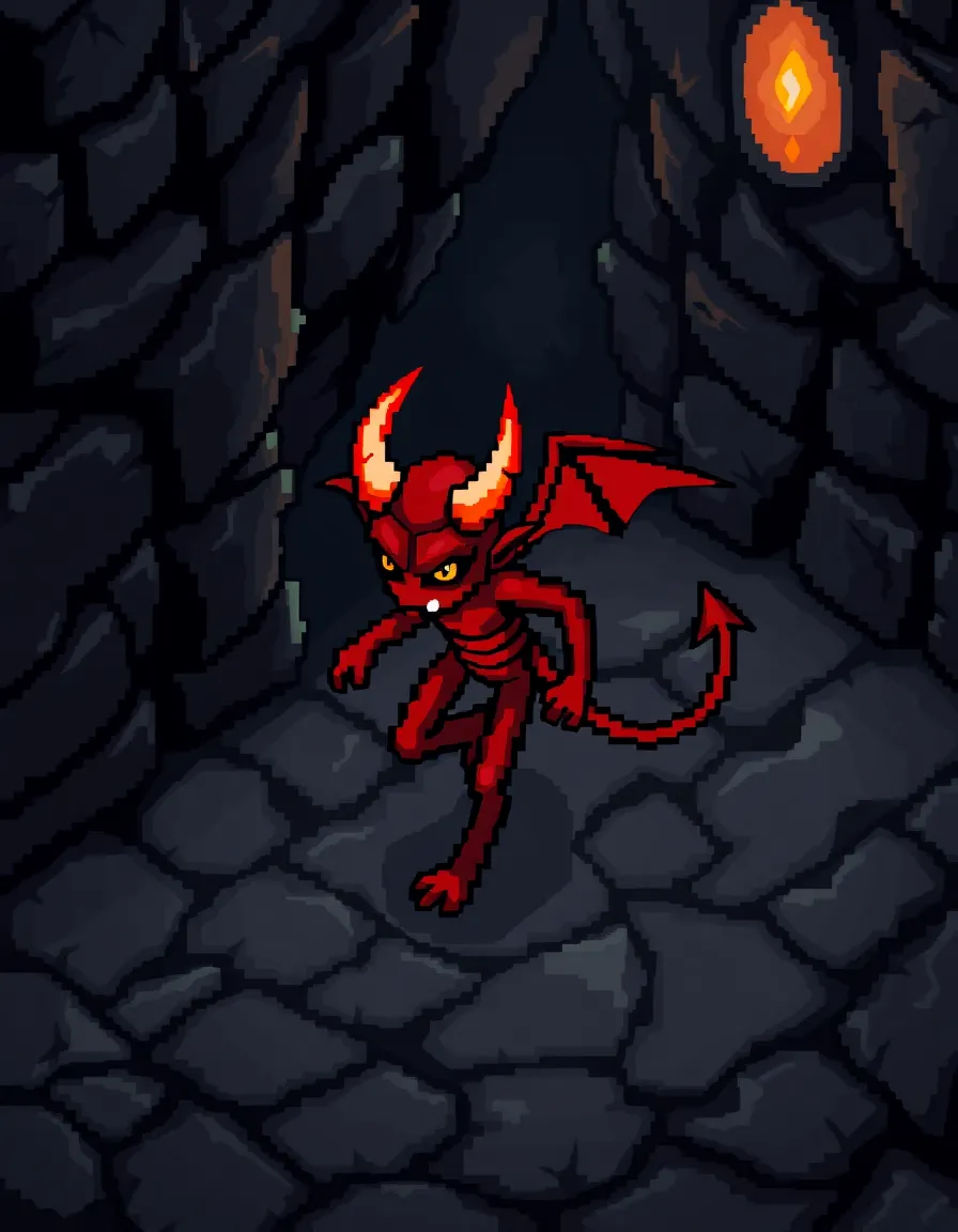 “32×32 pixel art, Diablo II style, small red demon, isometric angle, right foot forward, walking, dark fantasy dungeon lighting”