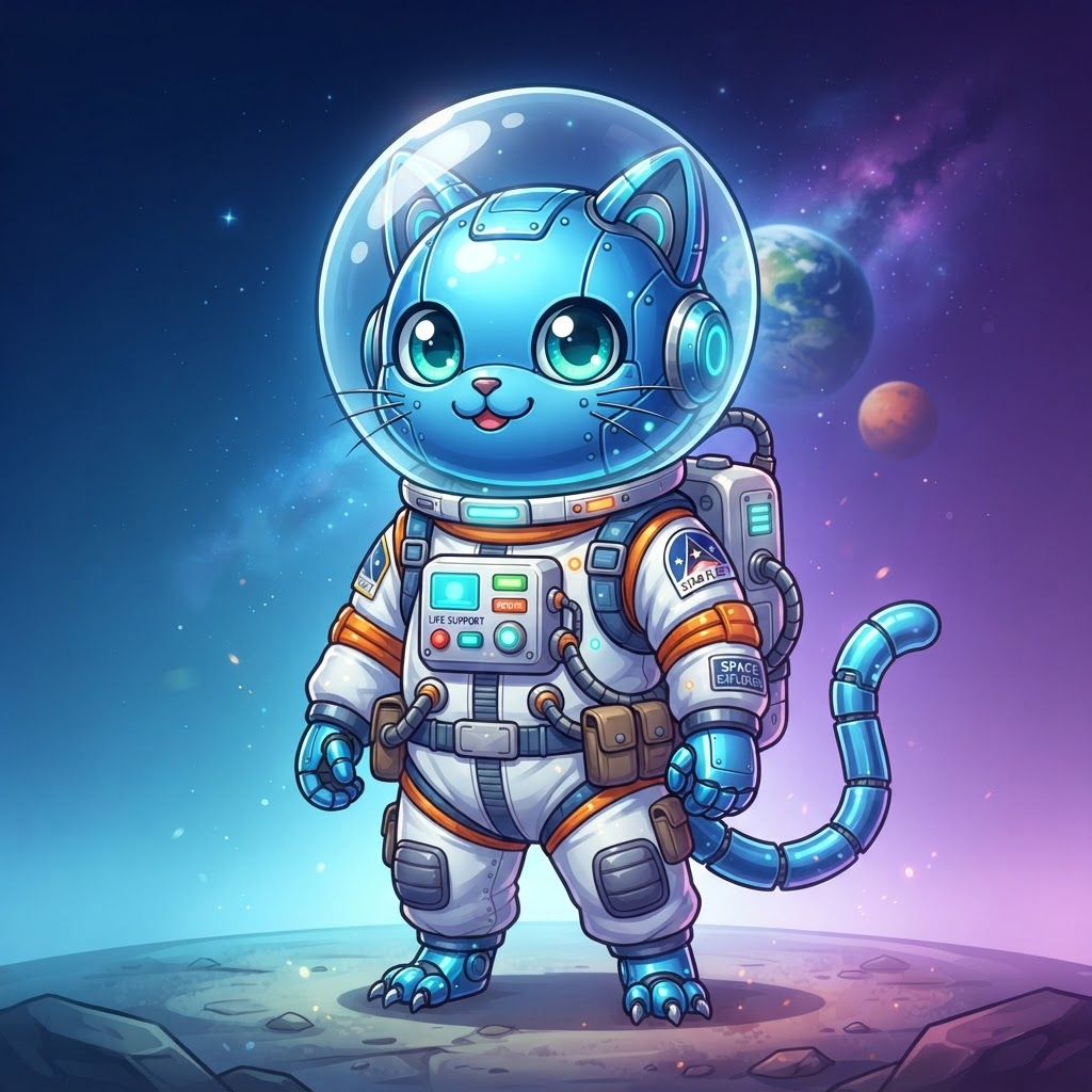 Original robot cat character in astronaut space suit, blue metallic body, round eyes, cute cartoon anime illustration style