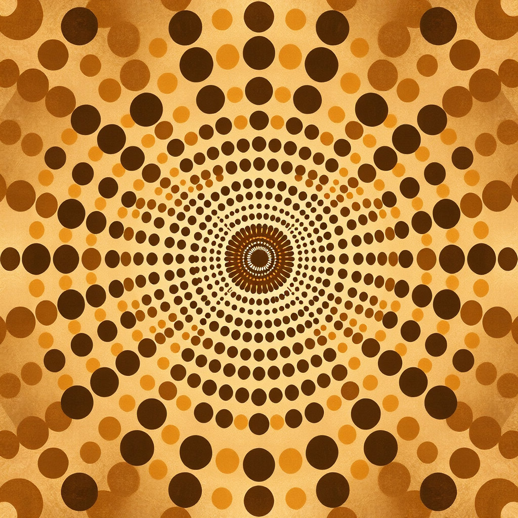 geometric dot pattern of random colors arranged in perfect centered symmetry, mirrored vertically and horizontally across the canvas, precise edges framing the central axis, even illumination radiating outward, bold monumental composition, sepia browns palette, cream, tan, walnut, deep coffee brown tones, warm sepia printed on early photographic paper, iconic confrontational visual, larger‑than‑life balanced layout, sepia browns palette.