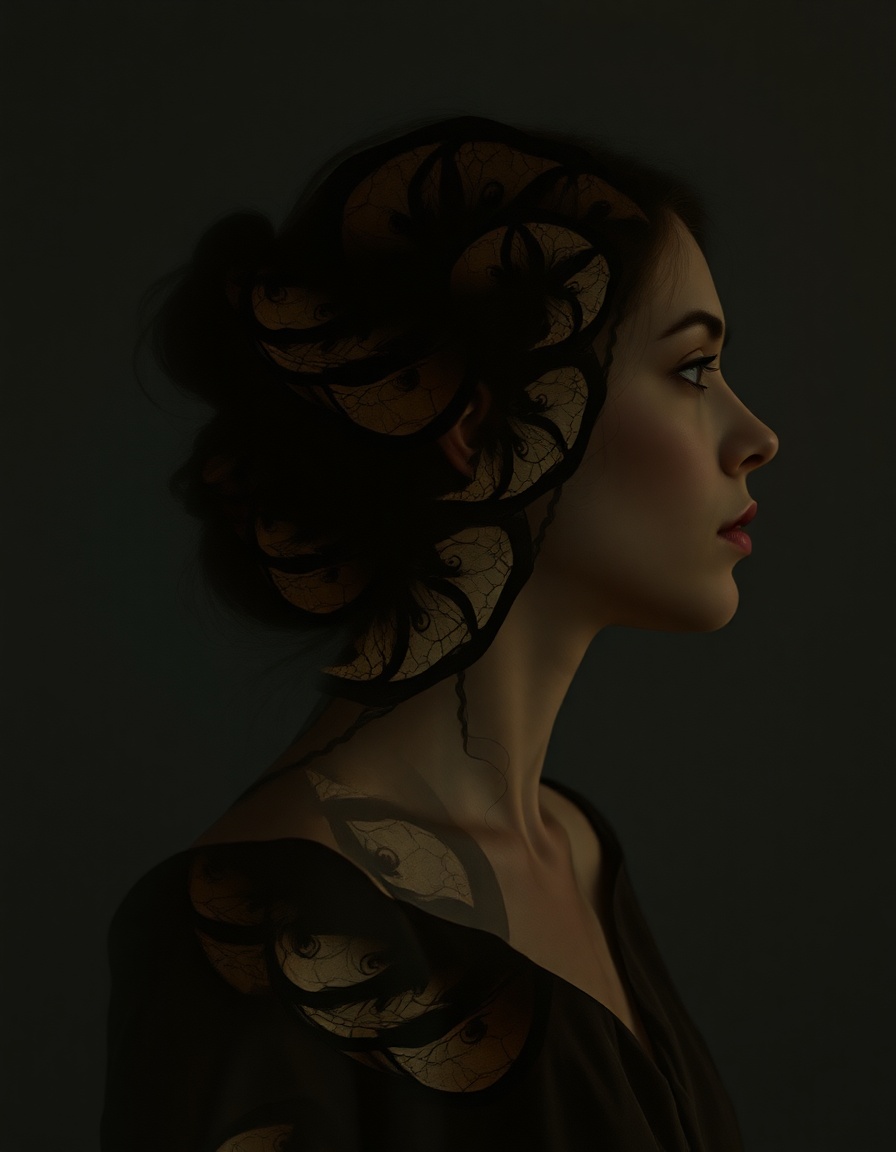 A layered self‑portrait of a woman shown in multiple overlapping silhouettes, each version slightly offset like emotional afterimages. The layers represent past, present, and emerging selves. Organic fractal flow patterns branch through and between the silhouettes, resembling natural growth, cracked porcelain, and recursive grief spirals. Soft, translucent textures reveal self‑similar patterns repeating across the layers. Lighting is moody and atmospheric, with warm highlights on the emerging self and cooler shadows on the past self. The overall tone is introspective, emotional, and evolving — a portrait of identity in motion, shaped by loss, memory, and quiet resilience. Painterly realism with subtle fractal geometry woven into the brushwork.