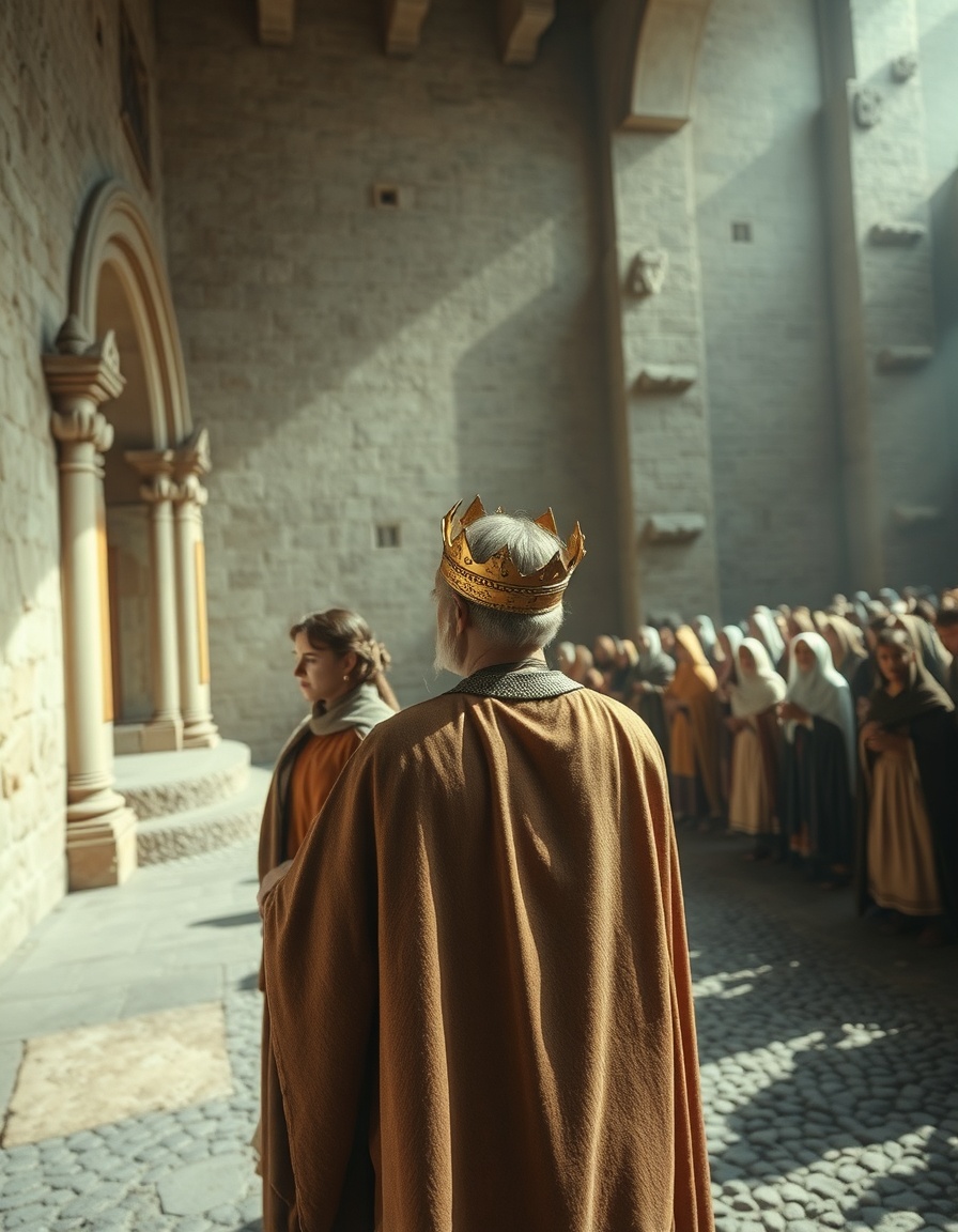 a gentle prince king — royal court ceremony, villagers gathered, old king announcing prince elian as next king, a texture that resembles rough, weathered stucco walls, cinematic ultra-wide shot

a gentle prince king — royal court ceremony, villagers gathered, old king announcing prince elian as next king, grand hall with worn, pebbled asphalt floors, cinematic ultra-wide shot

a gentle prince king — royal court ceremony, villagers gathered, old king announcing prince elian as next king, stone exterior with bumpy reptile scale-like texture, cinematic ultra-wide shot

a gentle prince king — royal court ceremony, villagers gathered, old king announcing prince elian as next king, a worn old book cover with a bumpy leather grain texture, cinematic ultra-wide shot