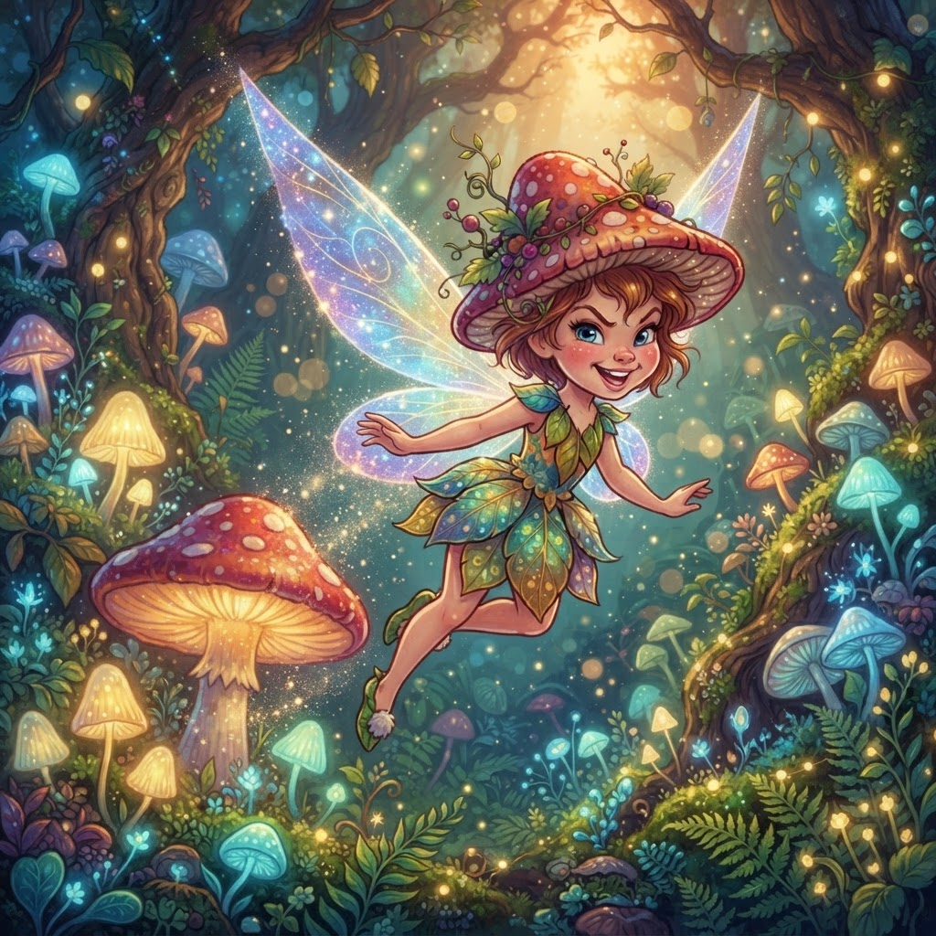 Disney-style original character, mischievous fairy sidekick with iridescent wings and a mushroom cap hat