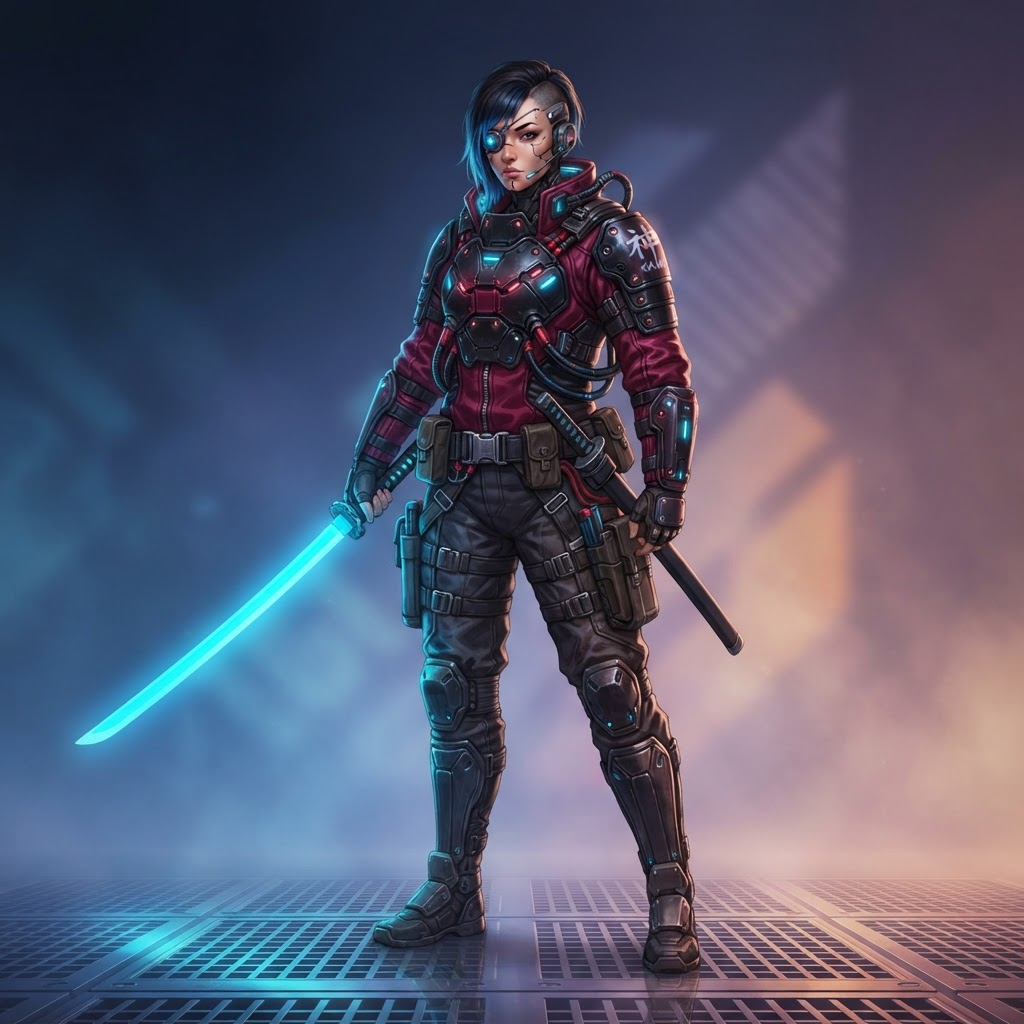 a cyberpunk street samurai character wearing a deep red jacket over armor plating, holding a glowing neon blade, full body original character design, clean soft gradient studio background, vibrant, crisp high detail, digital illustration, no text, no words, no watermark