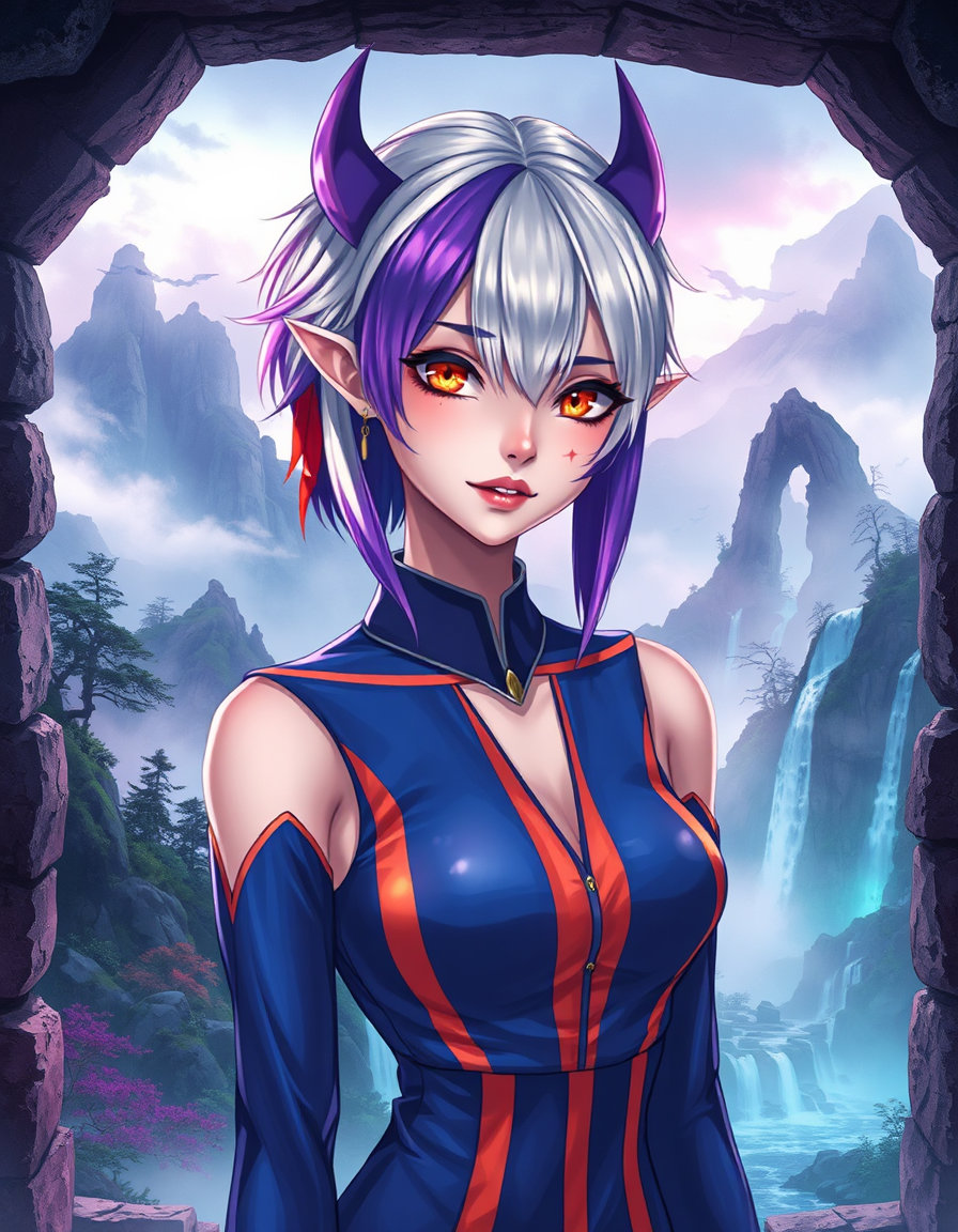 pale‑skinned anime woman with split white and royal purple ombre hair, vivid orange eyes, pointy ears, fangs, scar on cheek, in an electric ultramarine blue and black striped dress with orange and coral highlights, standing in a misty shanshui mountain landscape of towering peaks and cascading waterfalls; framed through a stone doorway opening that silhouettes mist‑shrouded trees and creates a spatial threshold, emphasizing the transition between the viewer and the magical scene, surreal magenta‑green dual‑tone lighting, ink‑wash texture, iridescent streams reflecting auroras, violet‑emerald glowing flora, mystical atmosphere humming with ancient magic.