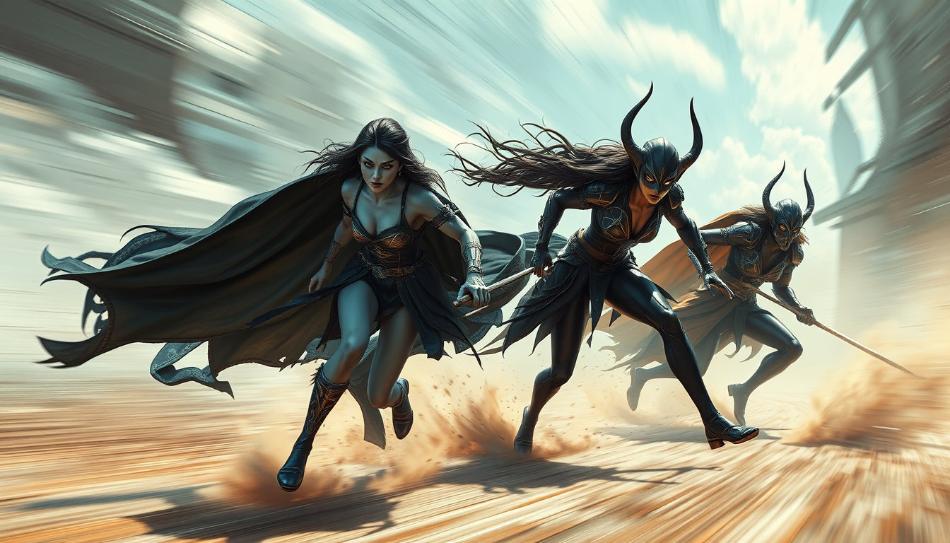 in a world on the cusp of 2083, majestic warriorwomen francis and sue sze, their bluish silky skin glistening with an otherworldly radiance, stand at the forefront of a maelstrom of motion, their long legs a blur as they charge forward with unyielding determination. korn the demon assassin, clad in dark, ominous attire, his jet-black hair slicked back, his angular features set in a resolute expression, emerges from the chaos, his piercing eyes fixed intently on the horizon as he propels himself forward with a burst of speed, his dark powers coursing through the air like a living, breathing entity. the world around them dissolves into a kaleidoscope of motion, a swirling vortex of metallic blues and vibrant primaries, as the very fabric of reality seems to bend and warp under the pressure of their unrelenting pursuit, the clock ticking ever closer to the moment of triumph.