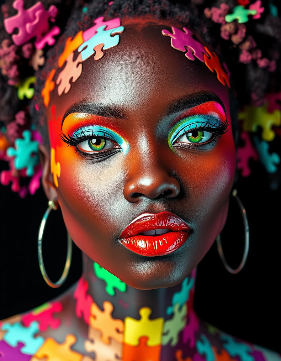 AFRICAN AMERICAN in an explosive fusion of whimsical colors, a vibrant and dreamlike scene unfurls, dominated by the jarring yet captivating palette known as 'acid pastel'. softer hues of delicate pastels, reminiscent of soft pinks, mints, and baby blues, melt into one another at the edges, but are suddenly shattered by piercing bursts of neon lime and electric magenta. this kaleidoscopic clash creates an optical vibration, defying the senses as fragile pastel tones are rendered unstable by searing intensity. amidst this psychedelic maelstrom, a stylized human face constructed from meticulously interlocking jigsaw puzzle pieces emerges, set against a deep, abyssal black background. the face shines with an otherworldly beauty, as vibrant blues, reds, yellows, oranges, greens, and whites dance in perfect harmony, with striking emerald green eyes piercing through dramatic dark makeup, and glossy orange-red lips forming a bold focal point against the geometric puzzle piece skin. the light dances across the puzzle pieces, rendering them smooth yet maintaining distinct three-dimensional edges, imbuing the scene with an almost mechanical, high-fashion aesthetic, while the composition is masterfully emphasized by dramatic lighting, leaving an indelible mark on the viewer's imagination.