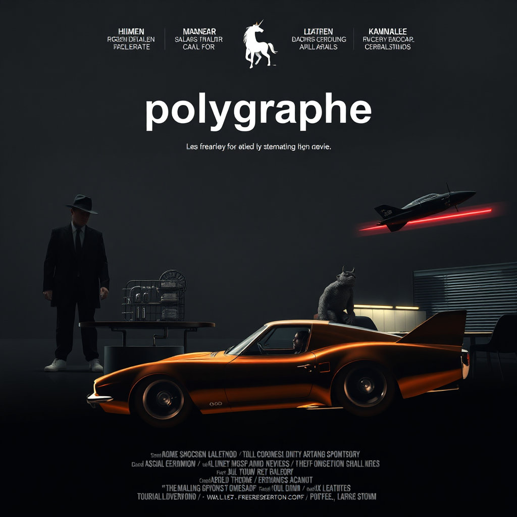 in a dramatic, cinematic film noir style echoing the masterful compositions of roger deakins and saul bass, a polished and sophisticated poster unfolds. the title "polygraphie" emblazoned in bold, centered letters dominates the top of the poster, its dark grey hue providing a striking contrast to the muted tones that follow. below, the names of the actors involved in the fictional movie appear in a clean and legible font. at the bottom, the credits are listed in a clear and organized fashion, giving the impression of a high-end production.
as the gaze travels upwards, two menacing hitmen emerge from the darkness, clad in sleek black suits with fedoras, their faces obscured by the shadows. their presence is stark, yet tasteful, perfectly capturing the tone of the movie. next to them, a lone individual sits in a dimly lit diner, his face twisted in anxiety as he glances over his shoulder in distress. the atmosphere is thick with tension, the flickering neon lights and sharp shadows cast by the venetian blinds heightening the sense of unease.
floating above the title is a small, elegant logo of a unicorn, with the subtle inscription "les frères dalton" printed above it. this watermarked element adds a touch of whimsy to the otherwise gritty and intense poster.
in the lower-left corner, a surreal and dreamlike fusion of disparate elements unfolds. a miniature, intricate structure constructed from enameled ceramic pieces sits atop a pedestal, its delicate patterns and precise execution evoking the classic precision of the bauhaus movement. amidst this tranquil backdrop, a menacing, prehistoric troll lies in wait, its harsh, imposing features a jarring counterpoint to the surrounding beauty.
meanwhile, in the distance, a gleaming, retro-futuristic sports car soars through the air, its copper-colored body glistening in the light. as it glides towards the viewer, the polished chrome façade, wide, spinning wheels, and distinctive rear wing evoke the sleek, high-performance design of the car's era. glowing with a vibrant, juicy candy apple red hue and offset by gleaming, smooth black accents, this automobile embodies the fusion of art deco flair and high-tech innovation.
the entire scene is bathed in a kaleidoscope of color, the result of the blending of styles and influences. combining elements of the expressionist work of francis bacon, the mathematical precision of möbius strips, the delicate miniature technique of polikh miniature painting, the surrealist landscapes of hieronymus bosch, and the modernism of bauhaus, this fusion creates a truly novel and captivating visual experience. an amalgamation of fractal patterns, intricate lines, and geometric forms produces a dizzying, almost psychedelic effect, plunging the viewer headlong into a realm where reality and fantasy blur seamlessly.
upon closer inspection, the intricate details of this digital artwork come into focus, as an endless, intricate web of interlocking shapes, gleaming with digital luminescence and enveloped in an aura of artificial, shimmering light, emerges from the background. with each successive level of magnification, new patterns and designs begin to reveal themselves, as if layers of a fragile, three-dimensional origami structure were being slowly unwrapped to reveal the underlying beauty of its intricate folds.
as one delves deeper into this world of endless possibilities, other motifs come into view - concentric circles, pulsating, like entranced, entrapping flowers unfurling amidst an ever-changing tapestry of colors, a whirlpool of swirling lines drawing the eye inexorably towards the abyss of absolute abstraction.
this abstracted realm, filled with the rhythmic ebb and flow of geometric forms, and where interlocking patterns give way to swirling, fractal eddies, is simultaneously peaceful, vibrant and electrifying. the dynamic, mesmerizing dance of colors and patterns, combined with the almost hypnotic allure of the interlocked lines, create an unforgettable and captivating visual experience, one that defies definition and pushes the boundaries of the possible.