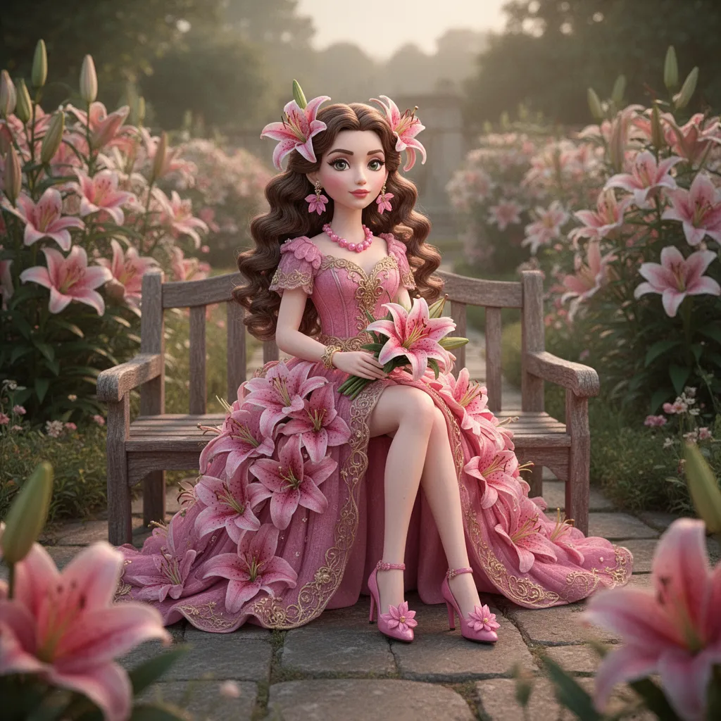 ## Style
- Medium: hyper-realistic 3D digital rendering, CGI doll, photorealistic plasticine texture
- Technique: subsurface scattering, anisotropic specular highlights, volumetric lighting, ray-traced reflections
- Rendering Approach: global illumination, path tracing, octane render, unreal engine 5 aesthetic
- Color Treatment: saturated pink palette, complementary green foliage, high chroma, warm color grading
- Value & Contrast: high dynamic range, deep mid-tone shadows, bright specular bloom, soft tonal transitions
- Detail Density: hyper-detailed, intricate floral textures, fine surface imperfections, macro-level resolution
- Era / Movement: Rococo revival, Art Deco glamour, contemporary digital surrealism

## Subject
- Identity / Type: stylized fashion doll, porcelain-skinned figure, anthropomorphic character
- Pose & Gesture: seated, relaxed contrapposto, hands resting on lap and bouquet, legs crossed
- Distinctive Features: voluminous long brown ringlet curls, pink lily hair accessories, pink beaded necklace, pink lily earrings
- Clothing or Equipment: floor-length pink gown constructed entirely of fabric lilies, gold filigree accents, pink lily pumps, handheld lily bouquet
- Scale & Proportion: doll-scale miniature, exaggerated proportions, elongated limbs, oversized lily silhouette

## Environment
- Location Type: formal lily garden, manicured botanical estate, outdoor patio setting
- Time of Day: golden hour, late afternoon, soft sunlight
- Weather & Atmosphere: clear, calm, hazy, dreamlike, ethereal
- Foreground Elements: stone pavers, blurred lily petals, out-of-focus greenery
- Background Elements: dense lily bushes, bokeh lily clusters, soft-focus foliage
- Architectural or Natural Features: weathered wooden garden bench, stone walkway, naturalistic planting beds

## Mood
- Primary Emotional Tone: romantic, whimsical, elegant, serene, nostalgic
- Energy Level: tranquil, static, composed, stillness
- Tension or Calm: low tension, peaceful, harmonious
- Genre Association: fashion photography, fantasy illustration, doll photography, romantic realism

## Lighting
- Light Source(s): natural sunlight, ambient sky light, soft fill from surroundings
- Direction: front-right, slightly elevated, dappled through foliage
- Quality (Hard / Soft): soft, diffused, gentle falloff, no harsh edges
- Color Temperature: warm, golden, ~5600K with warm cast
- Key-to-Fill Ratio / Contrast: low contrast, even illumination, soft shadows
- Shadow Character: soft-edged, diffuse, non-directional, minimal occlusion
- Atmospheric Light Effects: lens flare, bloom, volumetric god rays, atmospheric haze

## Texture
- Primary Materials: synthetic plastic, fabric, fabric lilies, wood, stone, metal filigree
- Surface Quality: smooth, glossy, matte, textured, layered, dimensional
- Reflectivity & BRDF Character: anisotropic specular on hair, glossy on dress, diffuse on wood, metallic sheen on gold accents
- Wear, Patina, & Imperfections: pristine condition, no visible wear, idealized surfaces, clean edges

## Camera
- Shot Type: medium shot, waist-up framing, eye-level perspective
- Implied Focal Length: 85mm-equivalent, portrait lens, shallow depth of field
- Depth of Field & Aperture Feel: f/1.4-equivalent, extremely shallow, selective focus
- Bokeh Character: circular, creamy, smooth, out-of-focus highlights
- Lens Artifacts: subtle chromatic aberration, soft vignetting, slight lens flare, digital noise reduction