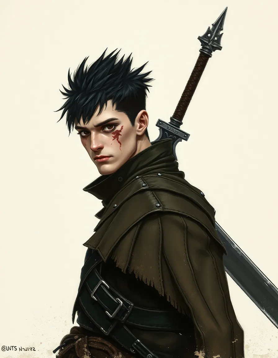 A character portrait in gouache painting style, textured paper, rough brushstrokes, desaturated palette. Male warrior in dark fantasy setting. Gigantic iron sword on his back. Short black spiky hair, handsome but scarred face with a weary gaze, missing one eye. Worn dark leather and metal armor, heavy cloak. Post-apocalyptic mood, standing alone. Inspired by Guts from Berserk. Art by Kentaro Miura.