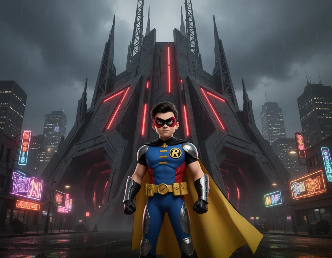 robin from teen titans go, depicted in a realistic style, standing proudly in front of his massive, imposing headquarters in jump city. the base is looming and fortress‑like, with dark, angular architecture, towering steel spires, flickering red emergency lights, and ominous shadowed corridors that suggest a powerful, slightly sinister presence. robin wears his iconic blue sleeveless shirt, red mask, and yellow cape, with crisp, detailed textures on the fabric and sleek, gleaming armor plates. the city skyline behind him glows with neon signs and skyscrapers, while stormy clouds gather overhead, casting dramatic light and deep shadows over the scene, emphasizing the intimidating and powerful atmosphere of the headquarters.