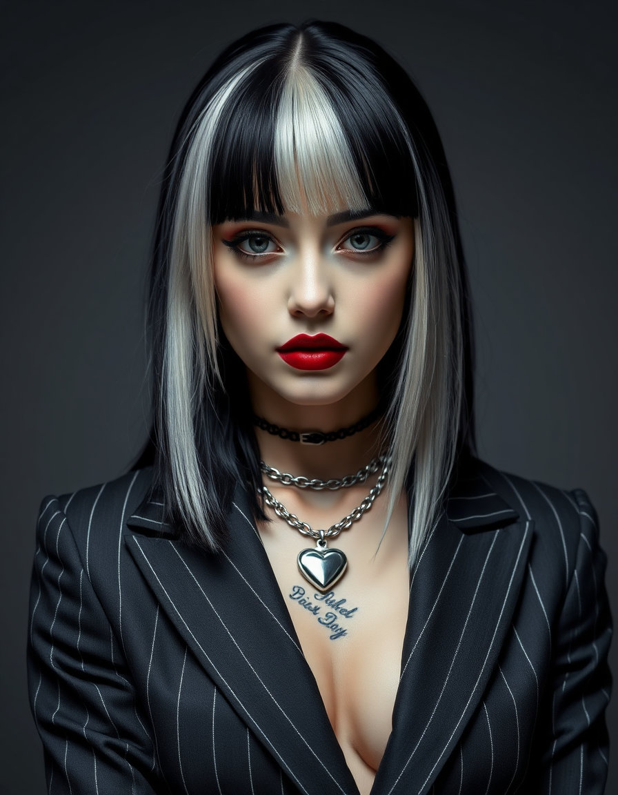 highly detailed 8k realistic photography of a gothic‑glamour female character in a studio bust portrait, front‑facing with shoulders squared and chin tilted down. she has split‑dyed hair, half jet‑black and half platinum white, halo‑rimmed, and pale skin with dark raspberry lips. she wears a matte pinstriped blazer with wide lapels and a silver chain necklace bearing a heart pendant that catches a crisp specular highlight; a subtle cat‑neck tattoo is visible. the neutral gray gradient backdrop fades to a soft vignette, while studio lighting creates dramatic chiaroscuro with a cool key light, soft fill, and rim backlight. shallow depth of field renders smooth skin and glossy hair, with creamy bokeh in the background.
