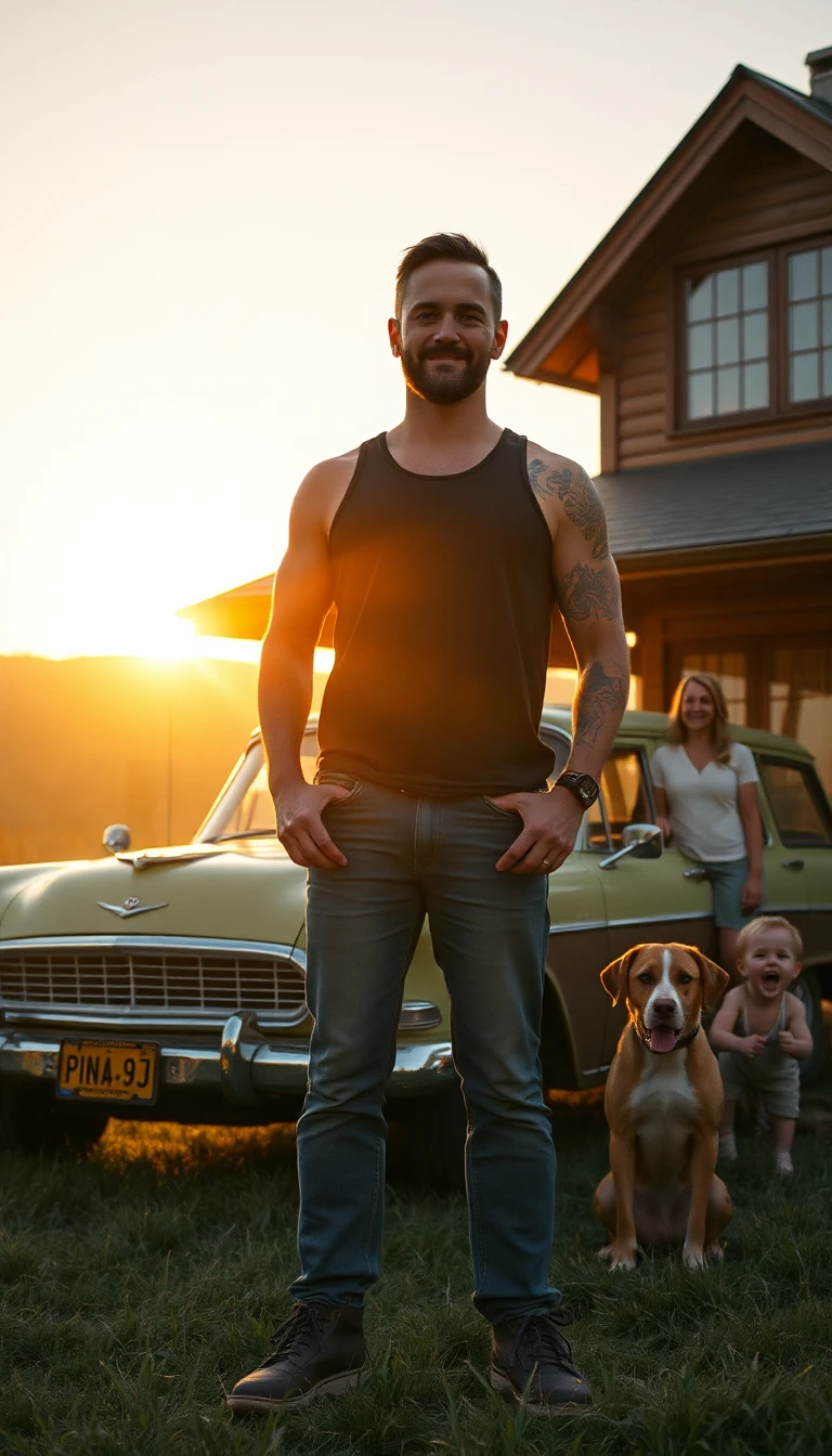 Hyper realistic cinematic photograph of a 30-year-old tattooed man standing proudly in front of the camera with a calm confident smile, strong masculine presence, slightly worn hands, natural charisma, standing beside a vintage Moskvich station wagon parked near a beautiful modern wooden countryside house with huge panoramic windows, warm sunset flooding the entire scene with golden light, his wife leaning slightly toward him, two children laughing naturally near the car, two loyal dogs sitting calmly beside the family, atmosphere of earned peace, legacy, family strength and quiet success, cinematic storytelling frame, authentic Slavic countryside aesthetic, soft wind moving clothes and grass, realistic imperfections, emotional depth, expensive lifestyle without luxury glamour, warm orange sunlight reflecting on the car and tattoos, shot on 35mm Kodak Portra film, ultra detailed skin texture, shallow depth of field, photorealistic lighting, natural composition, documentary photography style, masterpiece realism, no fake AI look, emotionally powerful scene ☀️🚗🐕🏡