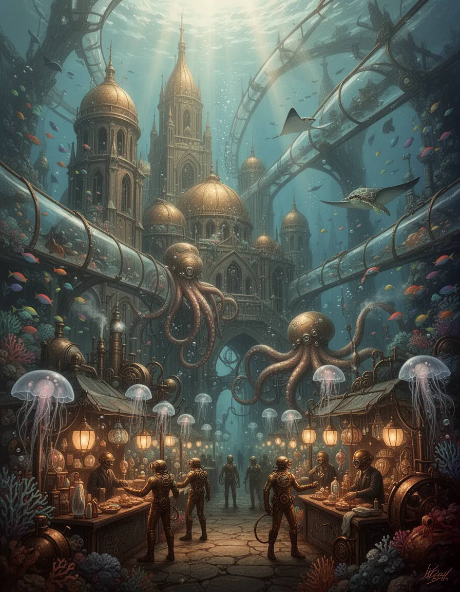 in the heart of a majestic victorian steampunk metropolis hidden beneath the waves, colossal brass domes and copper towers majestically rise from vibrant coral reefs like ancient, sunken cathedrals. these structures blend seamlessly with the natural surroundings, their intricate details and textures a testament to the ingenuity of the city's ingenious steampunk architects. the grandeur of the metropolis is matched only by the splendor of the ocean itself, with schools of neon fish, manta rays, and ancient sea turtles gliding effortlessly past the transparent glass tunnels that crisscross the city.
beneath the city's grand spires and sweeping arches, a bustling underwater market comes alive with the gentle glow of jellyfish lanterns, their ethereal light casting an otherworldly ambiance over the proceedings. elegant divers in antique brass suits navigate the crowded stalls, haggling over exotic curios and marvels amidst the steam-powered machinery that drives the metropolis's industry.
massive mechanical octopuses, their copper limbs and brass bodies a testament to the city's mastery of steampunk engineering, move with silent precision, maintaining the delicate balance of pressure and power that sustains the metropolis. as they move, the city's intricate network of pipes, cogs, and engines hums into motion, a symphony of sound that is at once both familiar and alien.
the deep, rich colors of the steampunk aesthetic dominate the scene, with shades of sepia, bronze, and mahogany blending seamlessly with the vibrant blues and greens of the ocean. as the light from the distant surface pierces through the waves, shafts of golden light dance across the city, casting an aura of wonder and enchantment over the proceedings.
the sheer scale of the city is breathtaking, with towering spires and sweeping arches that evoke a sense of awe and wonder in all who behold them. the level of detail is nothing short of breathtaking, from the intricate textures of the city's machinery to the glint of light on the wet surfaces of the metal and glass.
throughout, the art of the steampunk metropolis is imbued with a sense of cinematic splendor, as if the very fabric of reality has been woven with a combination of science and magic. the resulting world is at once both fantastical and believable, a testament to the boundless imagination of the steampunk visionaries who brought this wonderland to life.
this magnificent metropolis, a true marvel of steampunk engineering, is a place of breathtaking beauty and awe-inspiring wonder, where the boundaries between science and magic blur and the very fabric of reality is reimagined in a kaleidoscope of color and light.