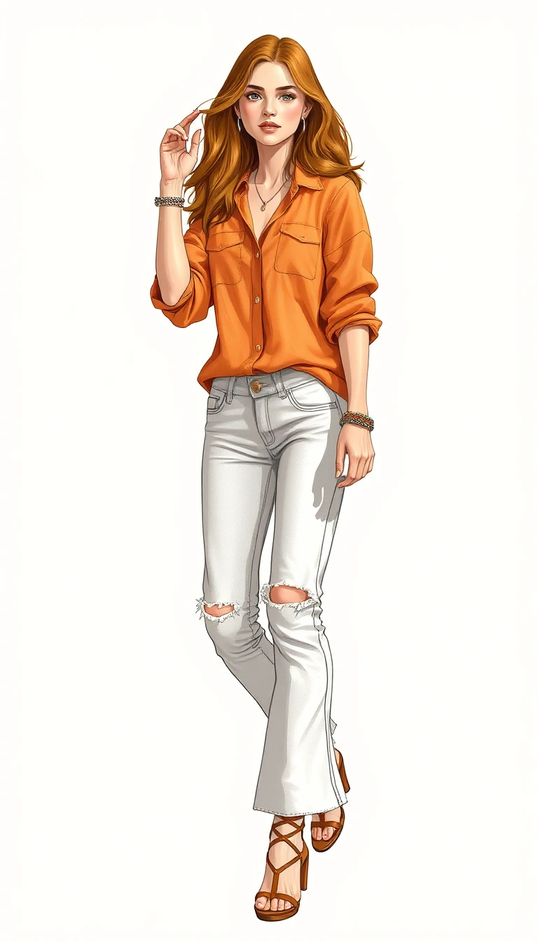 Splendida illustrazione di moda a figura intera che combina una resa iperrealistica della figura con elementi di sfondo a matita libera e accenti di acquerello. Soggetto: Una giovane donna sicura di sé, di circa 22-25 anni, che cammina in avanti verso l'osservatore con un passo rilassato e disinvolto. Una mano alzata alla testa a toccare i suoi lunghi capelli ROSSO RASATO, l'altro braccio che pende naturalmente lungo il fianco. I suoi lunghi capelli cremisi ondulati ondeggiano leggermente al vento, voluminosi e naturali. Ha un incarnato naturale, baciato dal sole, un trucco leggero, zigomi definiti, labbra morbide e un'espressione rilassata e sicura con contatto visivo diretto. OUTFIT: Camicia oversize aperta in lino color arancio bruciato indossata morbidamente sopra una canotta bianca scollata, leggermente corta e che lascia intravedere l'ombelico. Pantaloncini di jeans chiari effetto consumato con risvolti e cintura in pelle marrone. Collane boho sovrapposte con ciondolo. Bracciali in pelle marrone sovrapposti su entrambi i polsi. Orecchini a cerchio. Sandali bassi gladiatore allacciati in pelle marrone cognac, in abbinamento alla calda palette di colori arancio. SFONDO: Linee di schizzo architettonico a matita che suggeriscono un ambiente urbano: facciate di edifici, linee verticali, griglia prospettica. Schizzi di acquerello grigio e gocce d'inchiostro sparse organicamente. Lo sfondo è volutamente incompiuto e gestuale, con uno spazio negativo bianco dominante. Sul lato sinistro, una dettagliata e realistica motocicletta cruiser vintage realizzata in stile grafite/matita: faro rotondo classico, motore cromato, ruote a raggi, parcheggiata in diagonale. STILE: Illustrazione di moda a tecnica mista. La figura centrale è realizzata con pittura digitale fotorealistica con dettagli nitidi, forte illuminazione naturale dall'alto che crea luci calde e ombre morbide. Gli elementi dello sfondo sono schizzi a matita e velature di acquerello grigio, creando un forte contrasto tra la figura iper-dettagliata e lo sfondo gestuale incompiuto. Sfondo bianco dominante. Formato verticale, orientamento ritratto. DATI TECNICI: Risoluzione 4K, qualità editoriale di moda, arte digitale, alto contrasto tra primo piano dettagliato e sfondo abbozzato, palette di colori arancione caldo e cognac che ancora la composizione, illuminazione naturale e morbida da studio sulla figura