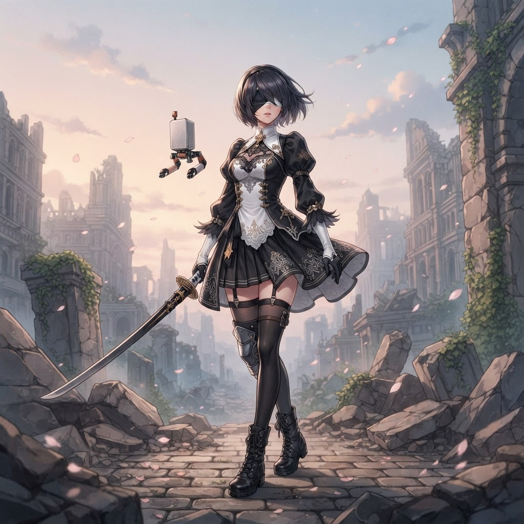 Original NieR Automata style android OC girl, black and white dress, blindfold, flower petals, ruins