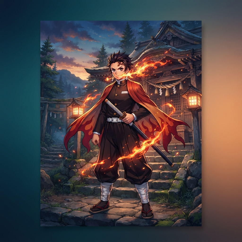 anime swordsman in a dark Taisho-era uniform with a flame-patterned red and orange haori, katana at his side, glowing orange fire-like breath effects, old wooden mountain shrine at dusk, full body