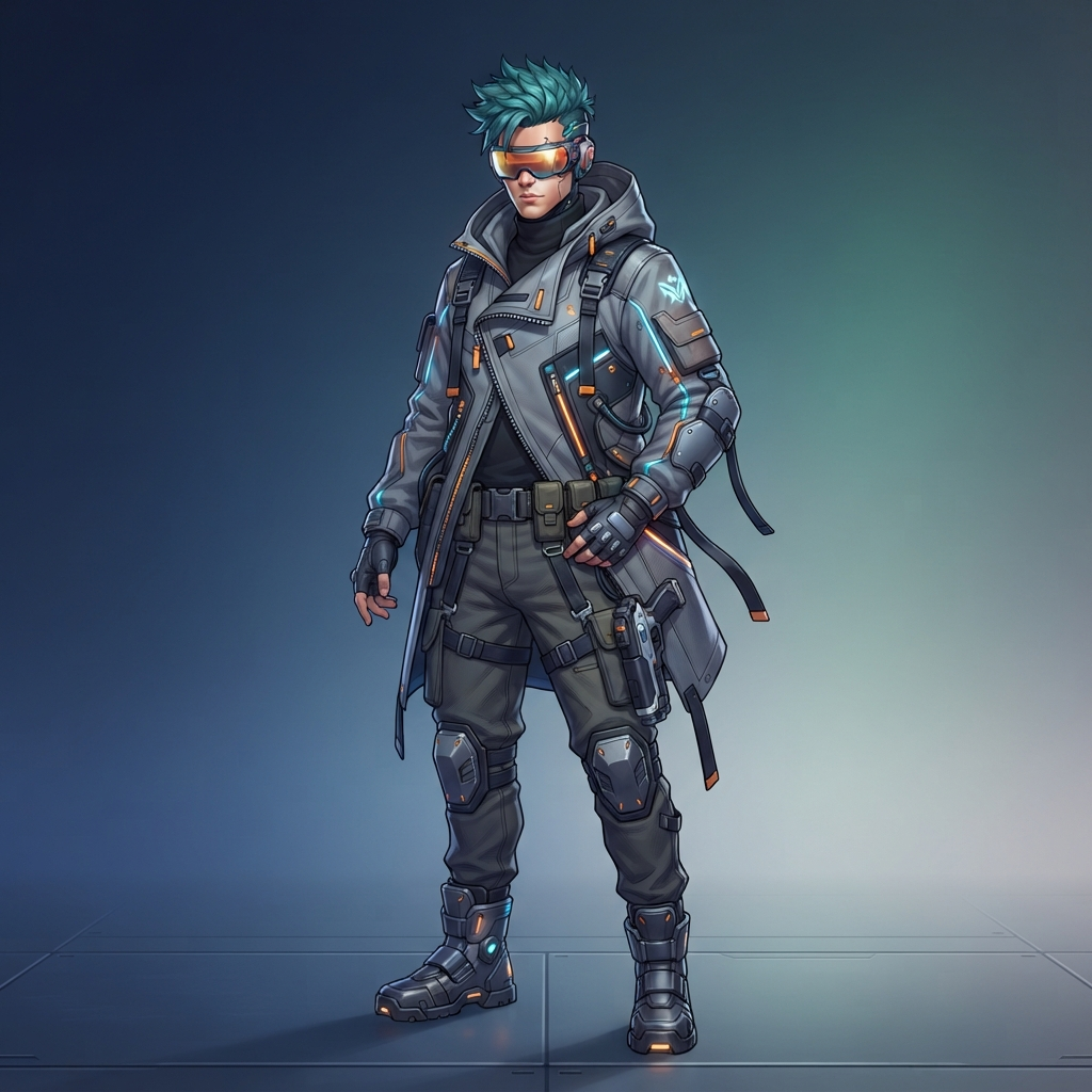 an original cyberpunk character, a young man with teal hair, mirrored visor goggles and a layered grey techwear coat, full body original character design, clean soft gradient studio background, vibrant, crisp high detail, digital illustration, no text, no words, no watermark