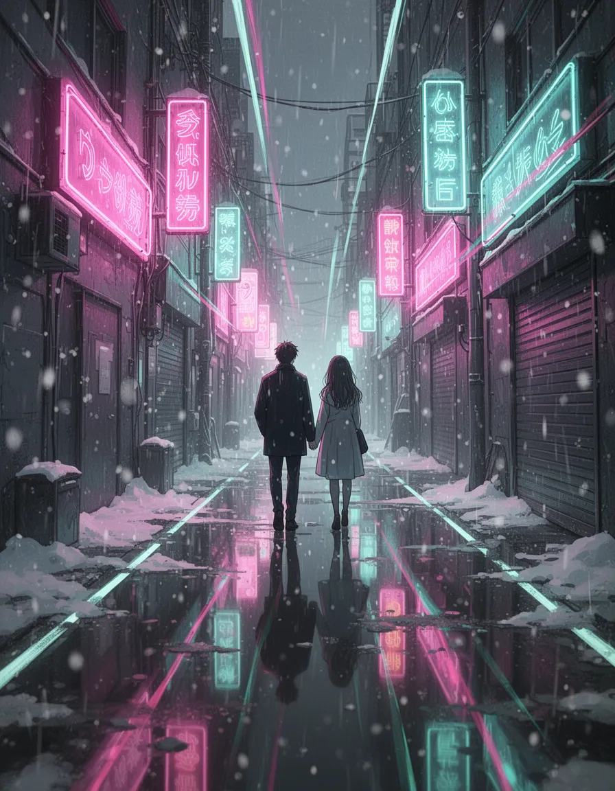 A couple walks through a narrow neon-lit alley as the first snow begins to fall. The puddled pavement behaves like a liquid mirror, doubling every sign and color. STYLE: anime urban chroma with high-intensity speculars, anamorphic color streaks, and rain-layered glass textures. COMPOSITION: deep perspective corridor with converging light rails; figures positioned as silhouettes framed by signage. LIGHTING: magenta–cyan bicolor scheme with soft atmospheric scattering from snowfall. MOOD: romantic, cinematic, rain-slicked magic.