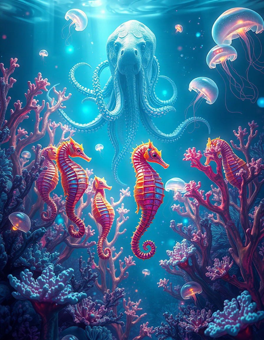 in a mystical underwater realm, a dreamlike atmosphere unfolds, where delicate sea horses dance amidst metallic corals, their iridescent scales shimmering in the soft, ethereal light. a majestic liquid metallic octopus rises from the depths, its ethereal form glowing with an otherworldly aura, as vibrant jellyfish drift lazily by, their translucent bodies glowing with an inner radiance, all rendered in an ultra-realistic digital illustration style, with intricate details and a sense of wonder, capturing the intricate textures of the metallic corals, the soft folds of the octopus's skin, and the delicate patterns on the sea horses' scales, with precise, high-contrast geometry, moiré patterns, and optical vibration subtly woven throughout, evoking a sense of enchantment and magic.