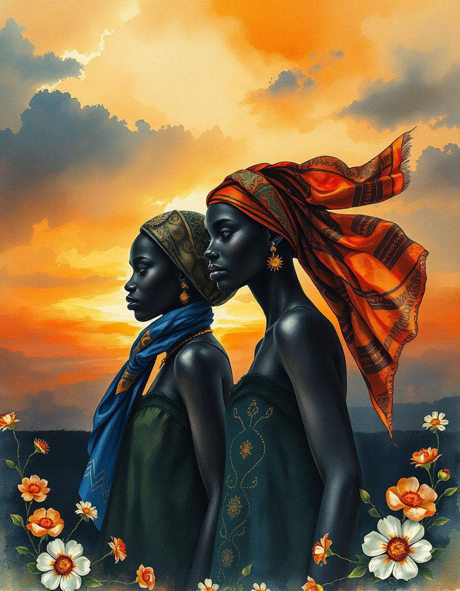 dutch masters detailed watercolor painting with soft focus, feathery brush strokes, wet blending and delicate texture, intense chiaroscuro and impasto brushstrokes, depicting african silhouettes adorned with intricate patterns and wearing a trailing silk scarf in vibrant indigo and ochre, its fabric whipped by dramatic wind and illuminated with dynamic lighting, rendered in a bauhaus geometric aesthetic of flat vector shapes and sharp edges. the figures stand before a moody sunset sky, deep lapis and warm gold hues, with subtle rose‑tinged flesh and nuanced greens. lithograph‑ink texture hints beneath the glazed layers, and calligraphic floral ornamentation frames the asymmetrical composition.