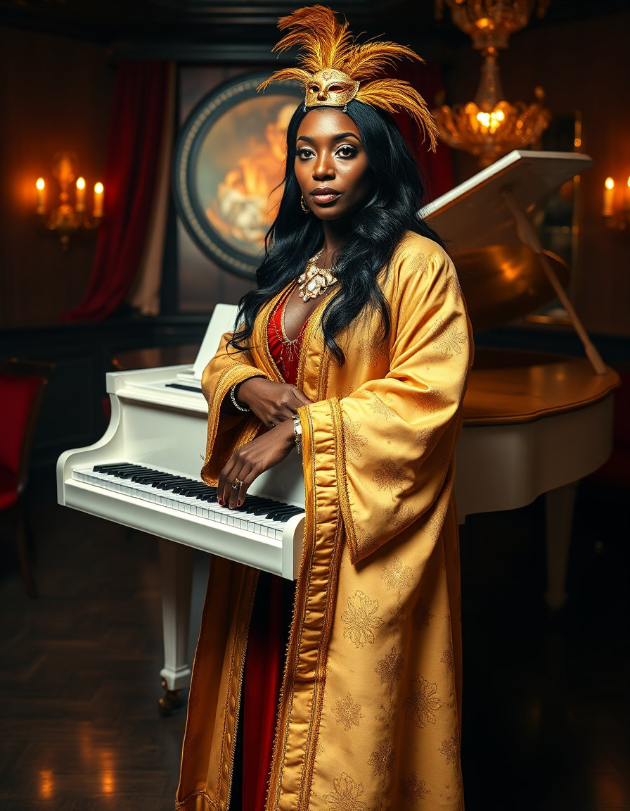 an ebony 40‑year‑old aristocratic woman with long black hair, brown eyes, noble features, holding a white ivory piano with gold trim, wearing an embroidered felt robe with visible stitching texture and soft yarn details, complemented by new stylish silk garments and ornate jewelry accessories such as an elegant necklace, bracelets, and a gilded venetian mask with feathered headdress, positioned in a 1950s jazz club with dark hardwood floor, rich velvet drapes, and polished chrome surfaces, mood: incandescent fury—fiery molten orange, crimson, sulfur yellow, void black, hot highlights, scorched shadows, internalized rage, explosive potential, imminent release, incandescent light emanating from within, intense emotional combustion.
