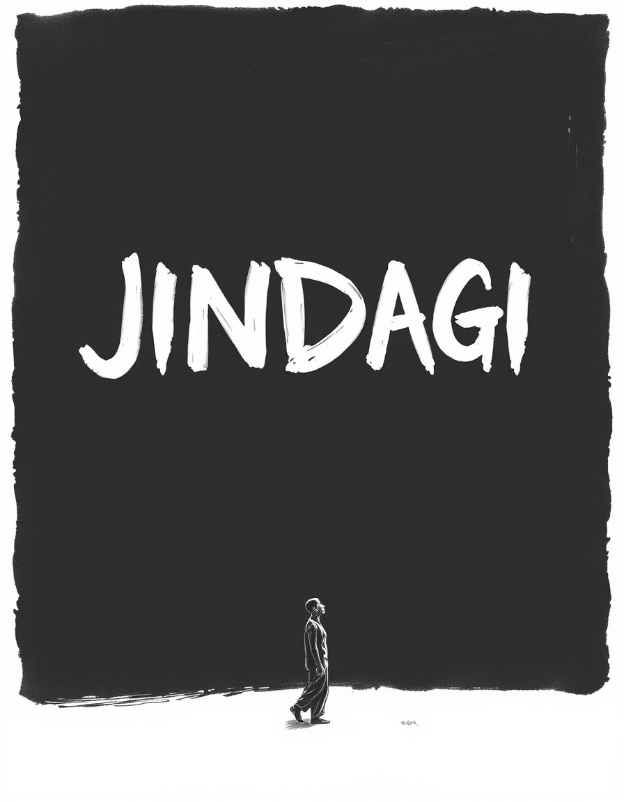 A powerful black-and-white minimalist artwork featuring the text "JINDAGI" as the central focus. A solitary human silhouette stands beneath the typography, symbolizing life's journey through creativity and self-expression. High-contrast monochrome palette, dramatic shadows, pencil sketch and ink illustration style, emotional and philosophical atmosphere, clean composition, dark background, inspirational wall art aesthetic, detailed linework, modern typography integrated with the artwork, timeless and thought-provoking design, ultra-sharp, printable poster quality.