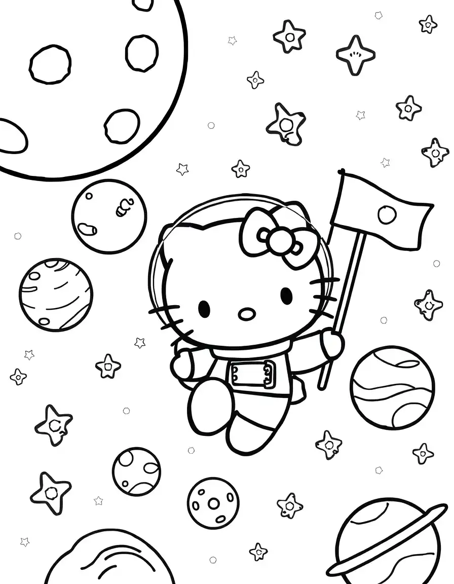 Hello Kitty coloring page, Hello Kitty in a space suit floating among stars and planets, holding a small flag with her bow symbol, {Hello Kitty astronaut theme}, Sanrio cute cartoon line art, clean black and white outlines, no shading or color, detailed space background with stars and moon, whimsical design, smooth vector drawing, crisp contour lines, child-friendly layout, printable 8k high-resolution coloring page, perfect for space-themed activity book