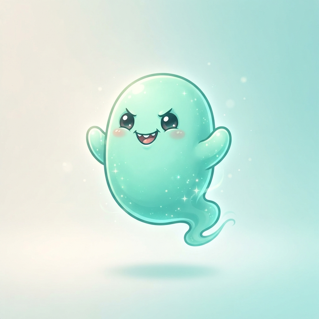 a small round mint green ghost creature character with tiny arms and a mischievous grin, floating, full body original character design, clean soft gradient studio background, vibrant, crisp high detail, digital illustration, no text, no words, no watermark