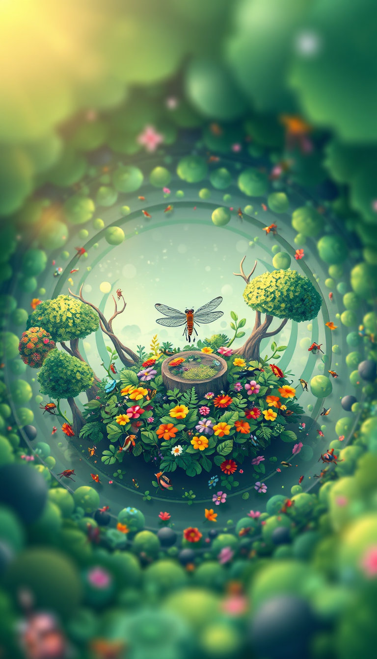 a cartoon dragonfly perched on a tiny stage garden sits at the center of a radial, pixel‑art mandala forest, with stylized trees and foliage forming concentric rings. layered depth dominates: foreground sprites of insects and geometric leaves overlap a middle‑ground ring of colorful flowers, while a misty background of distant trees recedes, creating three‑dimensional space and visual hierarchy. atmospheric bokeh and subtle lighting shifts enhance the illusion of depth, while bright 8‑bit colors maintain the nostalgic arcade vibe. the lively animated crowd of insects spirals outward, their blocky sprites reinforcing the retro palette, and the overall composition blends hypnotic expansion with rich, immersive layering.