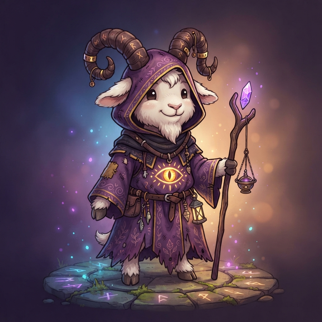 a cute cartoon goat cultist follower character with curved horns, purple robe, whimsical dark storybook indie game art style