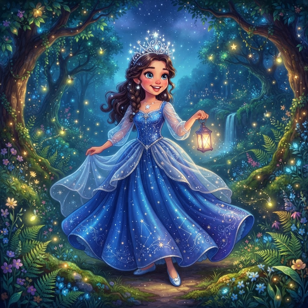 Disney-style original character, whimsical young princess with flowing sapphire gown and starlit tiara