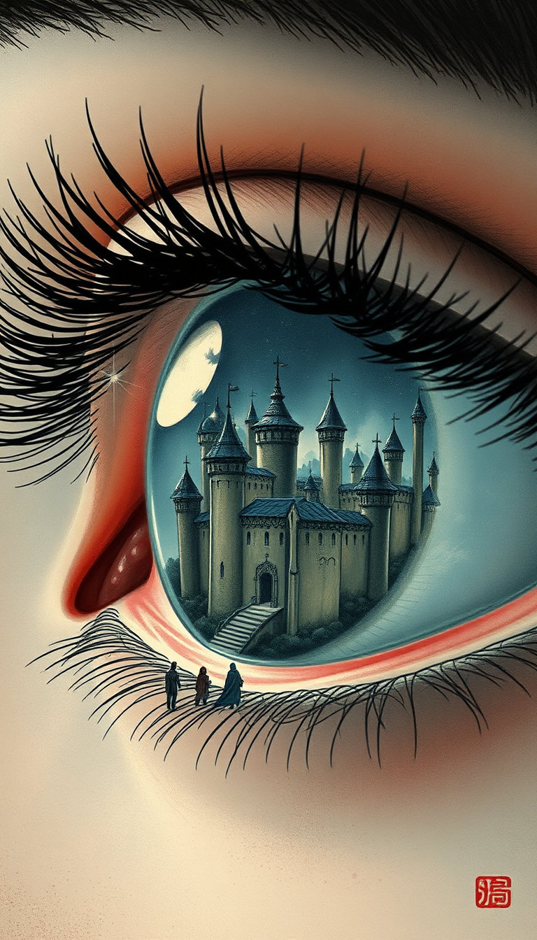 macroscopic human eye overlooking a miniature fantasy kingdom of medieval stone castles and tiny human figures in cloaks, set in a surreal twilight landscape; gongbi style with meticulous fine brushwork, precise even‑width ink outlines, and layered transparent washes of mineral pigments—azurite, malachite, cinnabar, lead white—creating luminous, saturated hues; subtle gold leaf accents on castle spires; soft, diffused overhead light casting gentle rim glow on eyelashes, with volumetric mist and gentle god rays filtering through the eyelid curvature.
