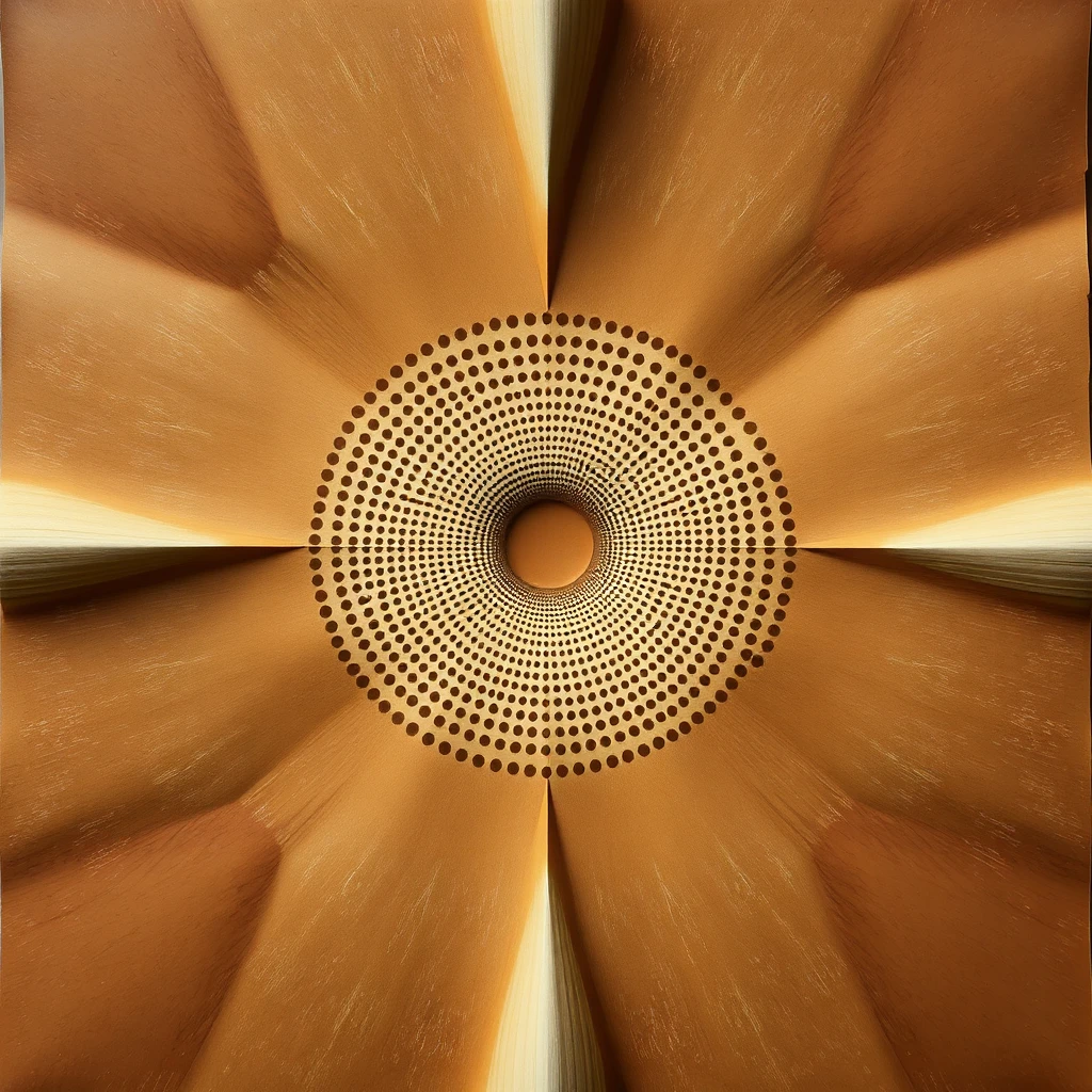 surreal conceptual framework of a geometric dot pattern, perfectly centered symmetry folding into impossible recursive planes and paradoxical vanishing points, rendered with warped spatial geometry, irregular gradient hues, and dual matte‑soft/high‑gloss surfaces that destabilize perception; sepia browns palette of cream, tan, walnut and deep coffee on early photographic paper texture, with elastic‑ribbon edges, shadows that stretch and split unnaturally, and fluid semi‑transparent textures that dissolve structural certainty, creating a dreamlike, psychologically symbolic visual.