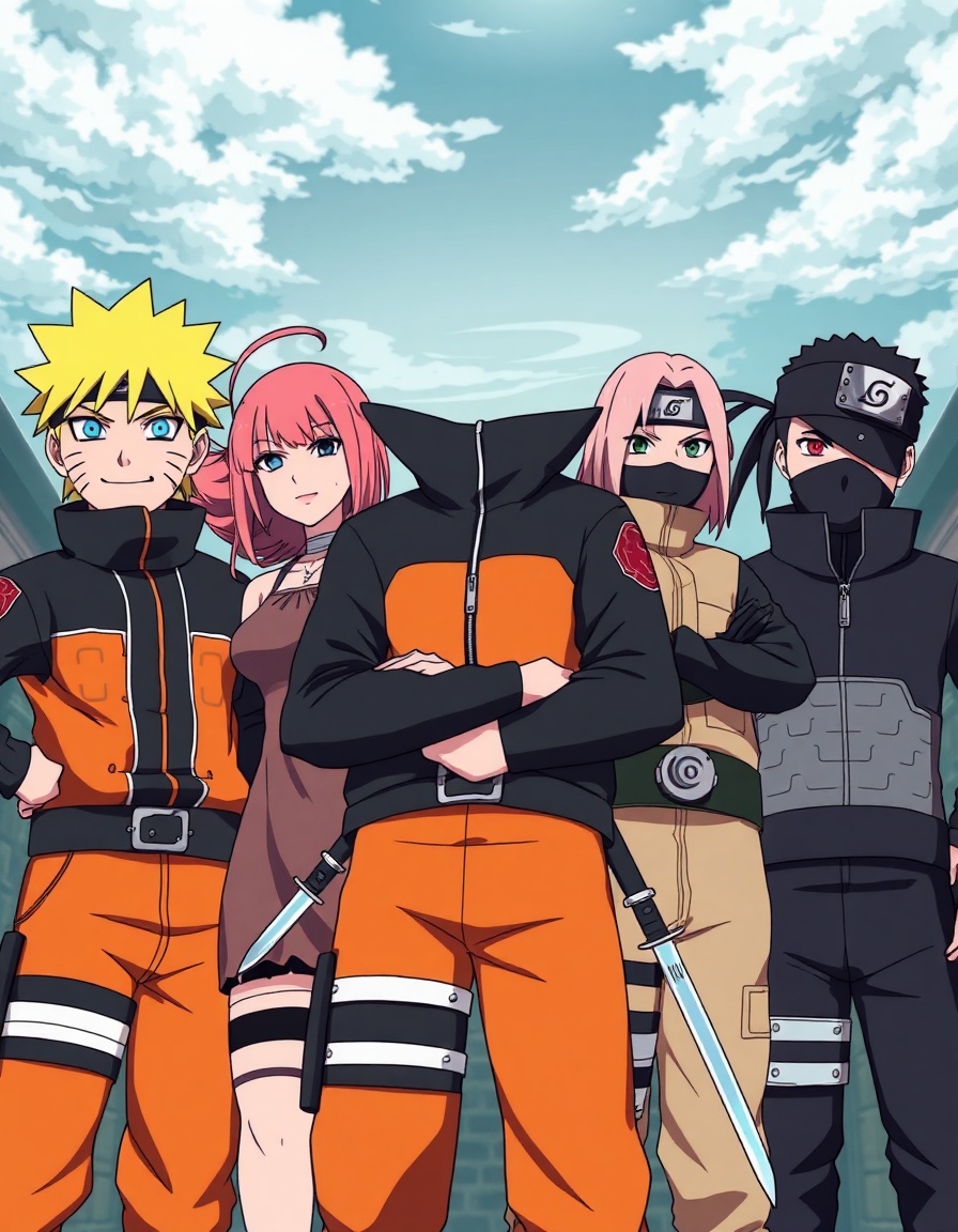 Naruto Uzumaki, Sasuke Uchiha, Sakura Haruno, and Kakashi Hatake standing together as Team 7, iconic ninja squad pose, Naruto with confident grin and glowing blue eyes, Sasuke with intense Sharingan gaze, Sakura with determined expression and flowing pink hair, Kakashi in jonin outfit with mask and headband tilted over one eye, dramatic ninja stance, kunai and chakra effects, Hidden Leaf Village background, cinematic depth, dynamic anime composition, sharp clean outlines, vibrant colors, cel-shaded anime illustration, expressive faces, high contrast lighting, dramatic shadows, ultra-detailed, official Naruto Shippuden anime style, square composition, 1:1 aspect ratio, 4K quality, epic anime wallpaper