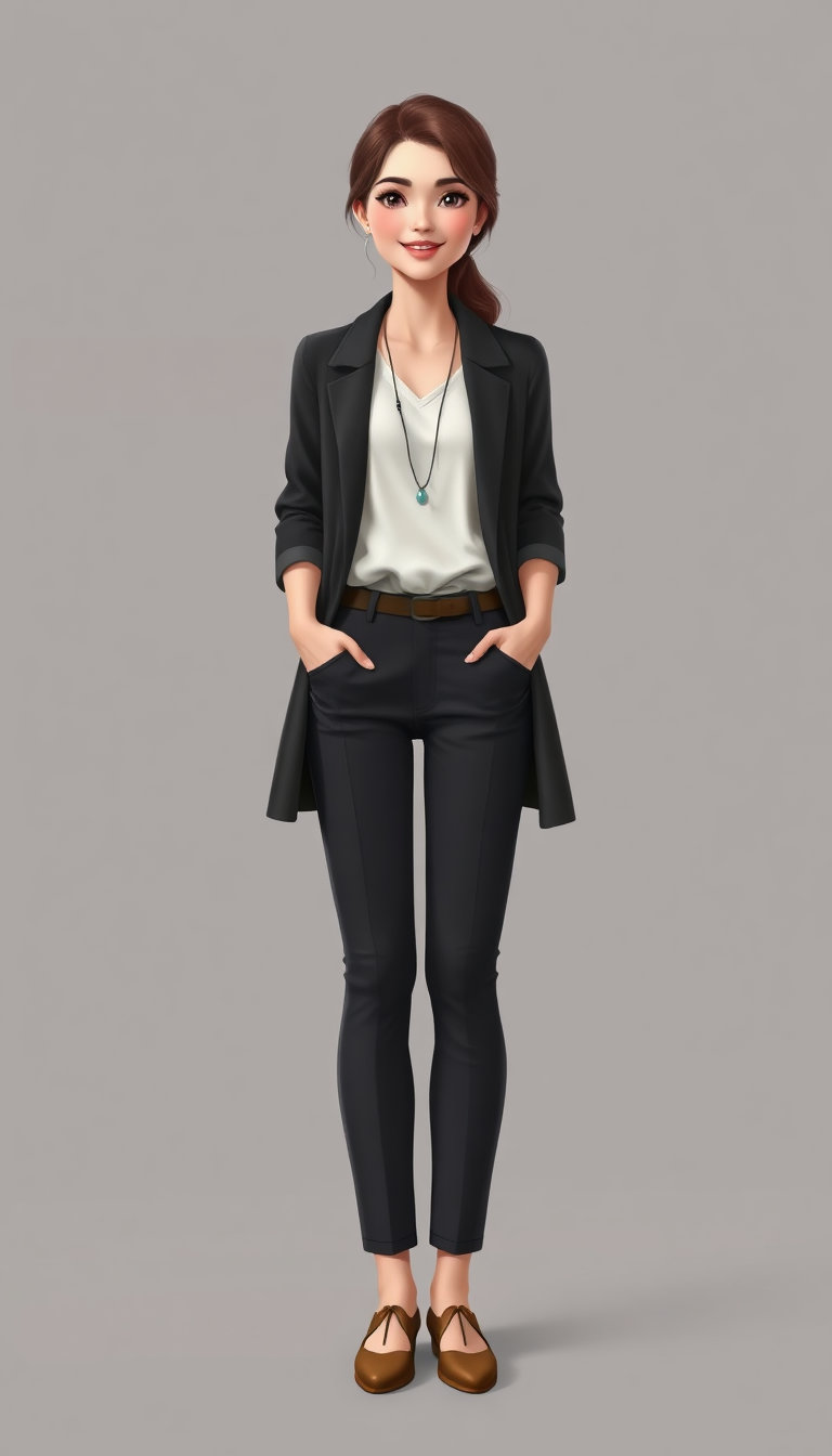"Full body portrait of an original realistic young woman character named Irman, standing naturally, visible from head to toe, wearing a simple elegant casual outfit, natural hairstyle, friendly smile, realistic human appearance, soft expressions, not a cartoon, not a doll. Full body, complete character design, vertical 9:16