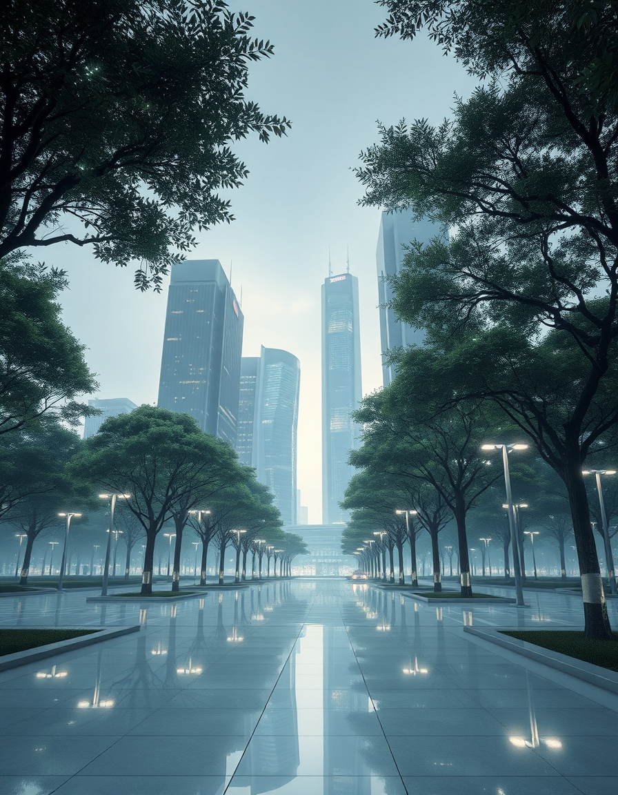 the city sprawls with sleek skyscrapers and clean pavement, the buildings standing amidst hundreds of towering trees with luminescent details glistening on the leaves, reflecting the ambient glow from the surrounding city's ethereal mute lights that fill the sky with a constant soft haze. the pavement itself is made of gleaming white stone that catches the ambient light, radiating an ethereal sheen, emphasizing the city's futuristic aesthetic while preserving a sense of serenity among its towering structures.