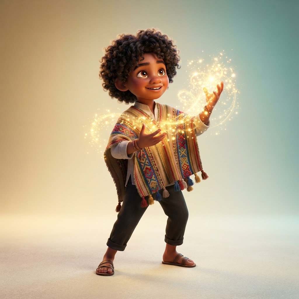 3D animated movie style young Colombian boy with dark curly hair, embroidered poncho, magical golden sparkles around his hands, clean soft gradient studio background, vibrant, crisp high detail, digital illustration, no text, no words