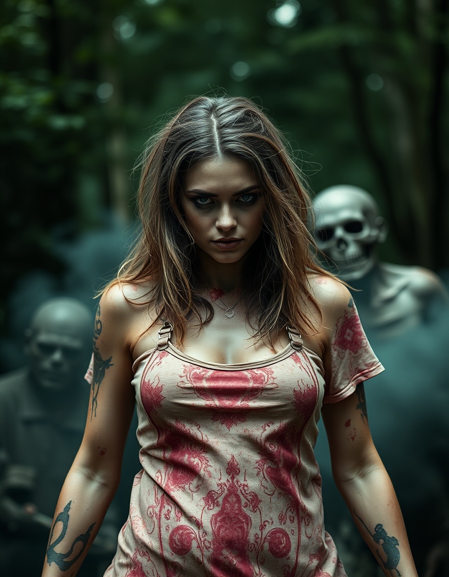 A zombie apocalypse survivor, zombie surrosurrounding her