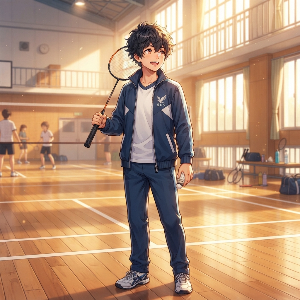 sports romance anime boy holding a badminton racket in a school gym, navy school tracksuit, messy dark hair, warm afternoon light through tall windows, clean soft gradient studio background, vibrant, crisp high detail, digital illustration, no text, no words