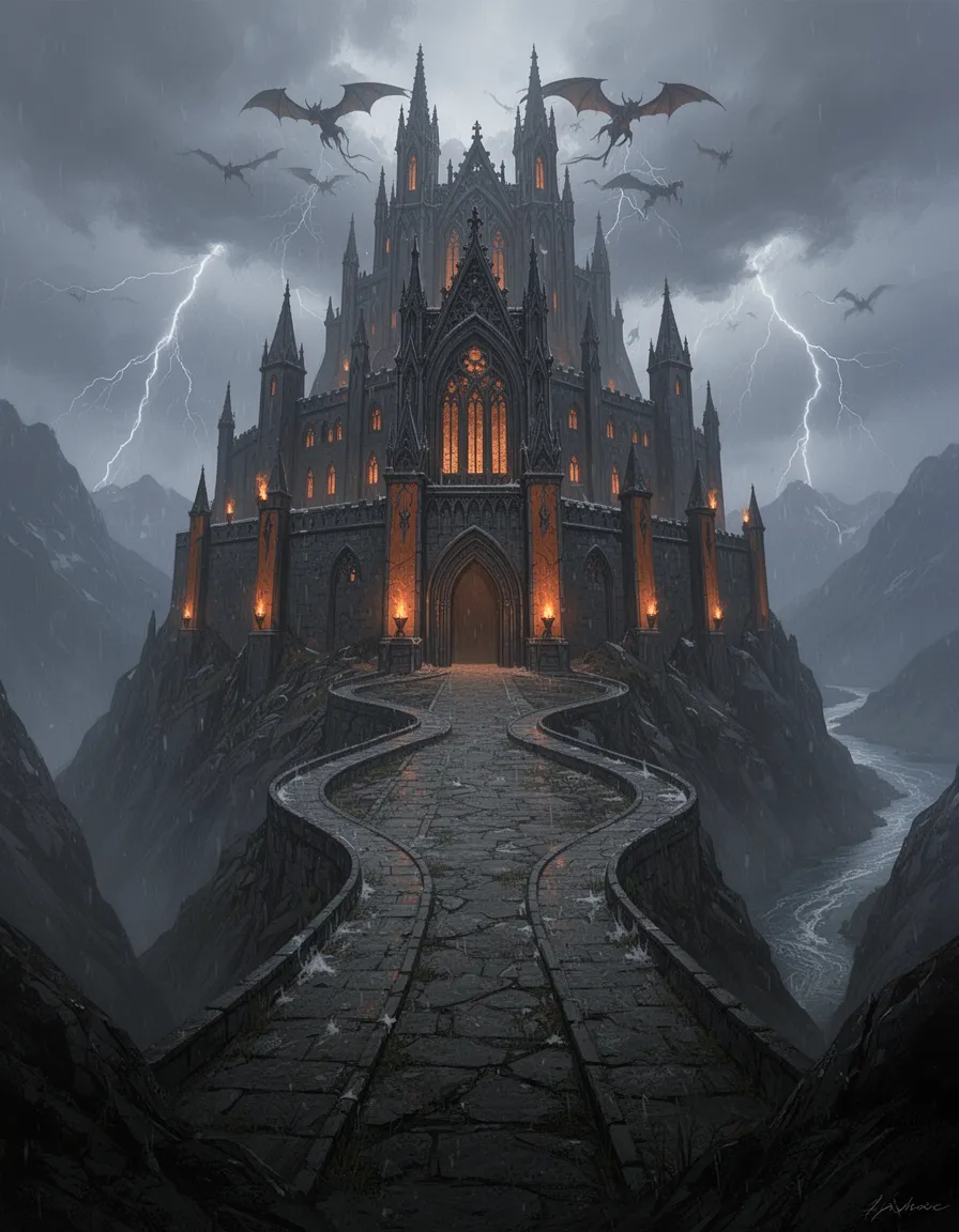 A wide exterior shot of Basgiath War College seen from outside at ground level, massive gothic stone fortress carved directly into the face of a dark mountain, orange and black stone pillars flanking great arched doorways at the main gate. Four worn stone pathways wind up the mountainside converging at the entrance. The towering walls and gothic spires rise dramatically into stormy clouds above. Torchlight flickers from every window against the darkening sky. Dragons circle the highest towers above, silhouetted against lightning. The Iakobos River visible far below in the mountain ravine. Cold, ancient, magnificent and brutal. No humans. Cinematic dark fantasy, wide dramatic exterior establishing shot, hyper-detailed digital painting, same painterly style as previous images.