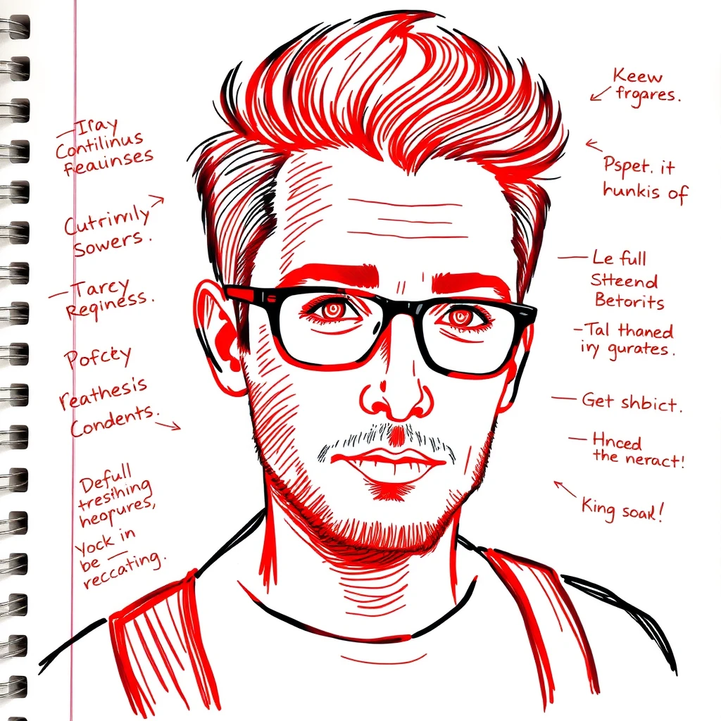 Use my uploaded image. Generate a hand-drawn portrait illustration in red and black pen on notebook paper, inspired by doodle art and comic annotations. Keep full likeness of the subject, expressive lines, spontaneous

gestures, bold outline glow, handwritten notes around, realistic pen stroke texture, 4K resolutionUse my uploaded image. Generate a hand-drawn portrait illustration in red and black pen on notebook paper, inspired by doodle art and comic annotations. Keep full likeness of the subject, expressive lines, spontaneous

gestures, bold outline glow, handwritten notes around, realistic pen stroke texture, 4K resolution