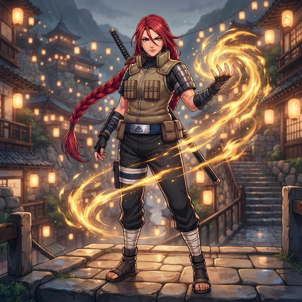tall ninja woman with long braided crimson hair, sleeveless black jacket, tan flak vest, headband with a mountain symbol worn as a belt, golden fire chakra swirling, anime style, stone cliff village with lanterns