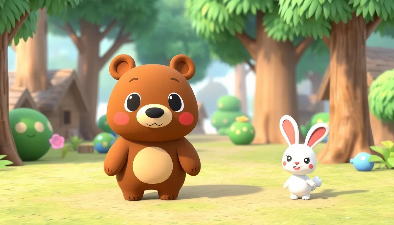 A cute Animal Crossing–style forest village in daytime.
A gentle brown bear with big soft eyes standing calmly.
A small white rabbit with long ears standing nearby, smiling.
Pastel colors, soft lighting, cozy and kid-friendly atmosphere.
Same bear and same rabbit, same size, same colors, same look, same proportions, same Animal Crossing–style 3D cartoon design, consistent characters, no character change.