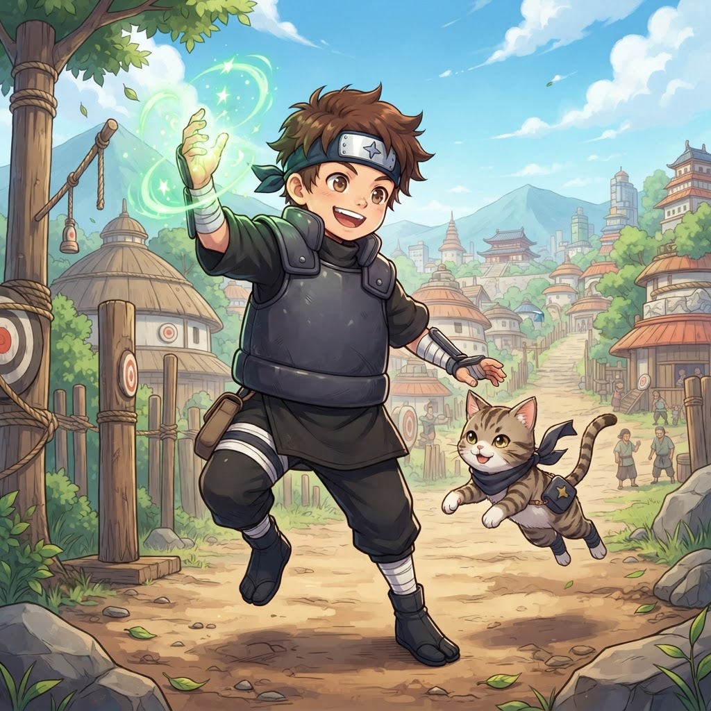small ninja kid with a ninja cat companion, messy brown hair, oversized flak vest, headband with a star symbol, green chakra sparks, cheerful anime style, training grounds with wooden posts and a village of round rooftops