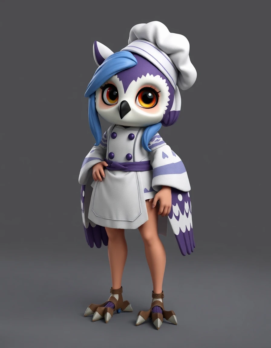 A 3D owl VTuber in a chef's coat and hat