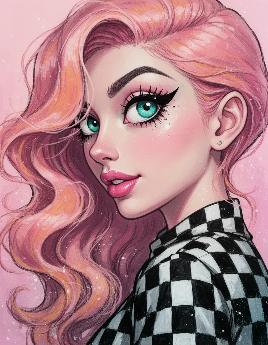 in an enchanting, dreamlike atmosphere infused with magical wonder, a mesmerizing digital illustration unfolds in a style reminiscent of ultra-realistic acrylic paint on canvas and mixed media collage elements. the composition centers around a captivating, stylized female portrait, evoking the essence of contemporary pop surrealism and neo-pop art, where anime aesthetics and streetwear graphic design converge.
the subject, a fashion editorial subject, is depicted in an extreme close-up profile view, her head turned slightly toward the viewer. her gaze exudes confidence and playfulness, her large turquoise eye with a brilliant white catchlight sparkling with mystique. her black eyeliner frames her eyes beautifully, while her voluminous wavy pink and orange hair cascades down her left side, framing her face and creating a sense of fluid movement.
the subject's partially visible black-and-white checkered garment provides a stunning contrast to the surrounding environment, which dissolves into a soft-focus pink gradient backdrop, subtly accenting the composition's dynamic energy. a delicate pink lip gloss accentuates her cupid's bow, while a sprinkle of exaggerated eyelashes adds to her enchanting appeal.
the atmosphere is characterized by a high-contrast chiaroscuro, with stark black outlines delicately balancing luminous skin tones, creating an intriguing interplay of light and shadow. the digital vector-style rendering is elevated by painterly texture overlays, lending the image a tactile quality reminiscent of traditional media. a vibrant pastel palette and monochromatic dominate, punctuated by complementary accents, create a visually stimulating visual experience.
each strand of her hair appears meticulously drawn, while her facial features, exaggerated for dramatic effect, seem to dance across the canvas. subsurface scattering and glossy reflections subtly enhance the texture of her skin and lips, imbuing the image with an extraordinary sense of realism.