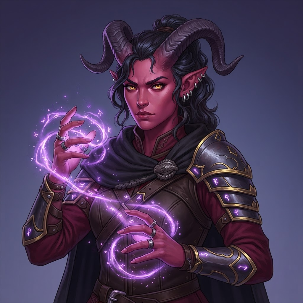 a tiefling warlock with curved horns and glowing violet arcane energy swirling around her hands, tabletop fantasy character portrait, clean soft gradient studio background, vibrant, crisp high detail, digital painting