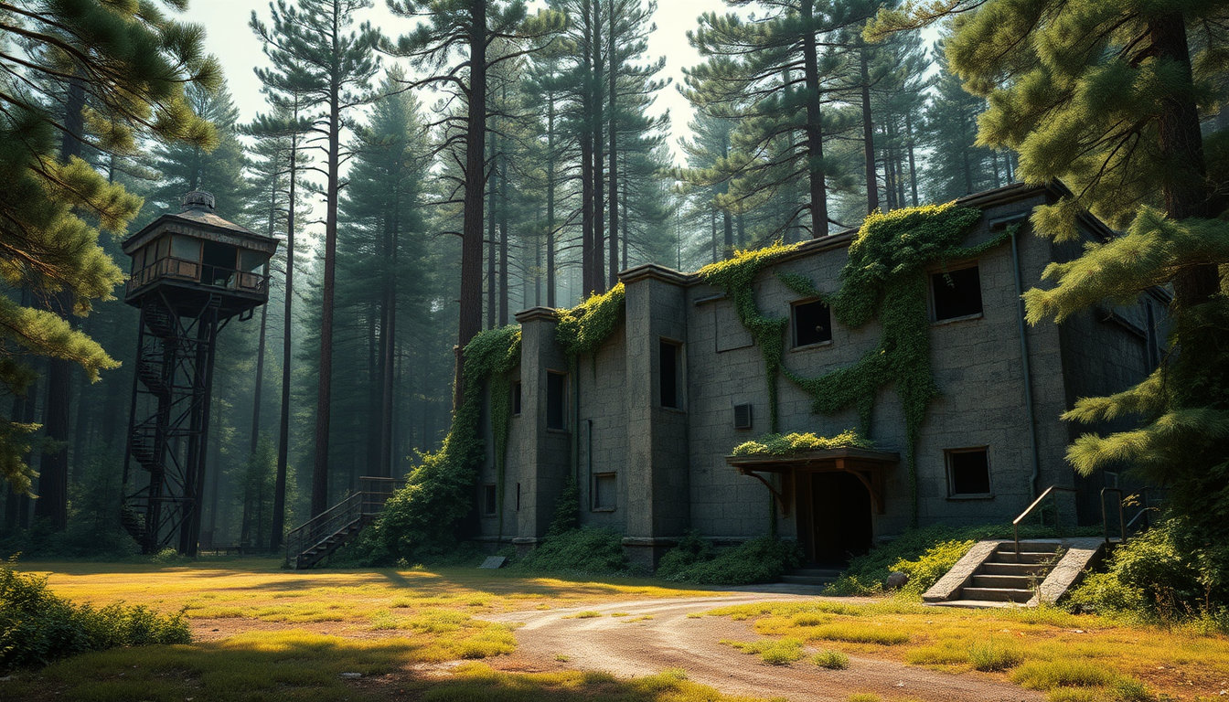 in a vast and dimly lit clearing surrounded by towering pine trees, their rugged trunks and verdant canopies stretching towards the sky like nature's own cathedral, stands an ominous research facility with crumbling walls and overgrown vegetation, a testament to years of abandonment and neglect. the structure's facade, weathered and worn, reveals hints of its once-industrial past through rusty hinges and shattered windows, while the surrounding underbrush has woven itself into a tangled mesh of vines and roots, as if trying to reclaim the space for the wilderness. against this foreboding backdrop, the air is heavy with the scent of damp earth and decaying wood, punctuated by the distant call of a solitary bird. soft, emerald-green moss creeps up the walls, where delicate tendrils of ivy wrap themselves around rusty pipes and broken machinery, a poignant reminder of the facility's once-thriving presence. to the left of the entrance lies a dilapidated observation tower, its metal beams twisted and gnarled, like the roots of an ancient tree, as the wind gently stirs the treetops, casting dappled shadows across the clearing. in the distance, the canopy stretches towards the sky, a deep green canvas dotted with the occasional burst of autumnal color, imbuing the atmosphere with an ethereal sense of melancholy. the scene is bathed in the vibrant, high-contrast hues reminiscent of j.c. leyendecker's bold, graphic lines, while the surrounding foliage appears to pulse with life, illuminated by shafts of sunlight that filter through the pine needles above, casting intricate patterns across the forest floor. as the light catches the rough-hewn stone walls, it highlights the tactile texture, inviting the viewer to touch, to feel the coarse, granite surface. the digital oil painting style imbues the scene with an unwavering sense of realism, its painterly finish evoking the gentle strokes of a master artist's brush. here, the atmosphere is alive with the whispers of a once-thriving research community, the remnants of which now stand as haunting testaments to human curiosity and hubris. the paintery medium's emphasis on layered glazes and fine brushwork imbues the image with an almost three-dimensional quality, while the matte-painting sensibility for the background grounds the scene in a rich, naturalistic environment.